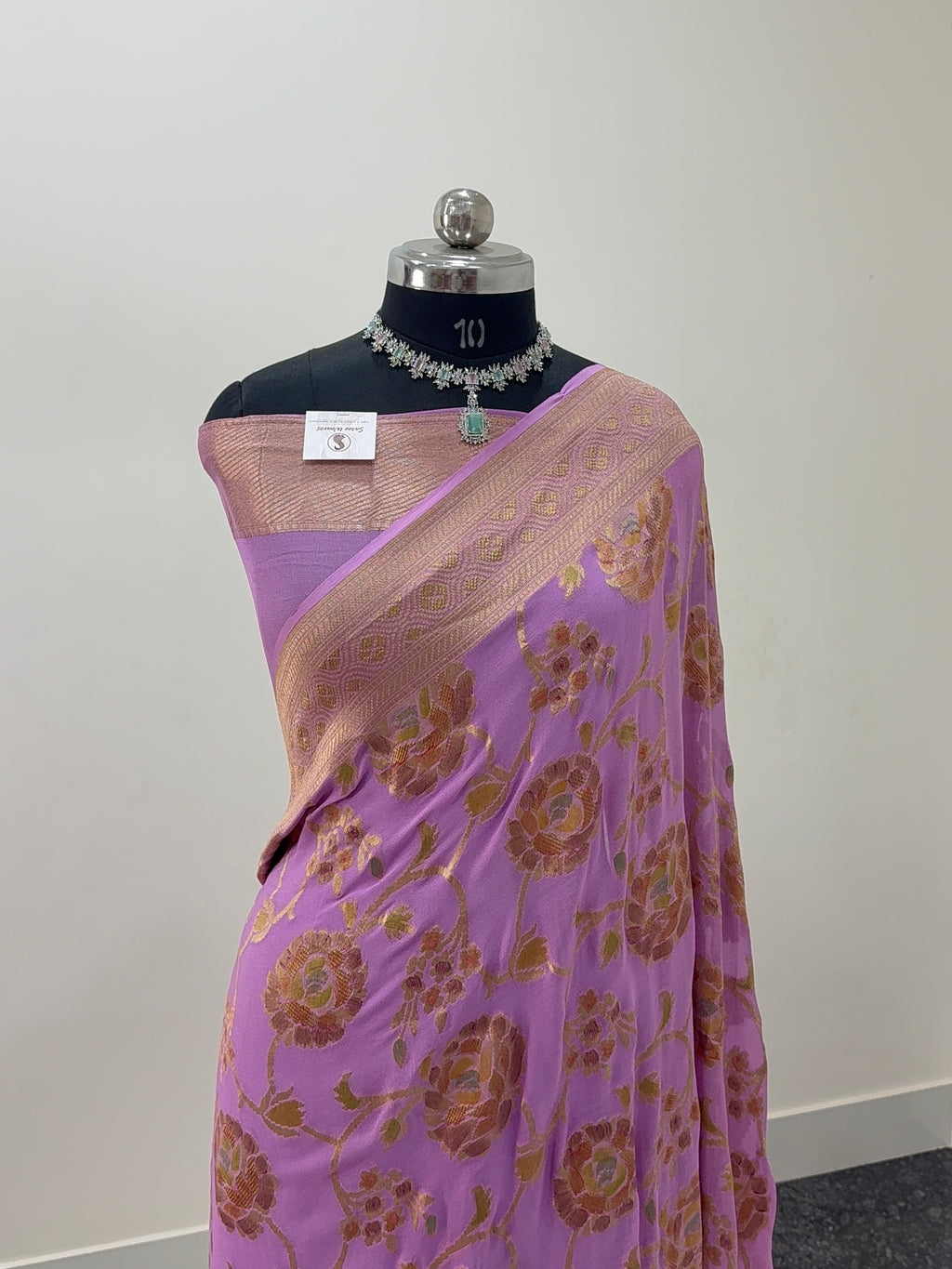 Banarasi Pure Khaddi Chiffon Saree  with Light Gold Zari Work In Floral Jaal Design with Meenakari by handbrush in Rusty Lavender Colour
