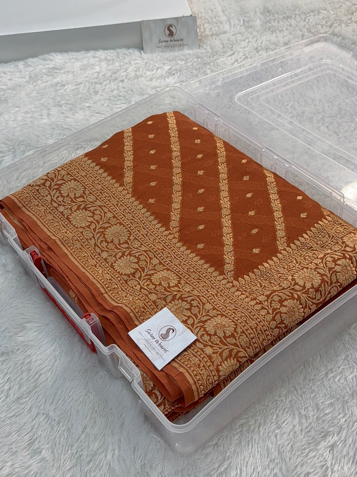 Banarasi Pure Khaddi Chiffon Saree in Aada Design in Copper Brown Colour