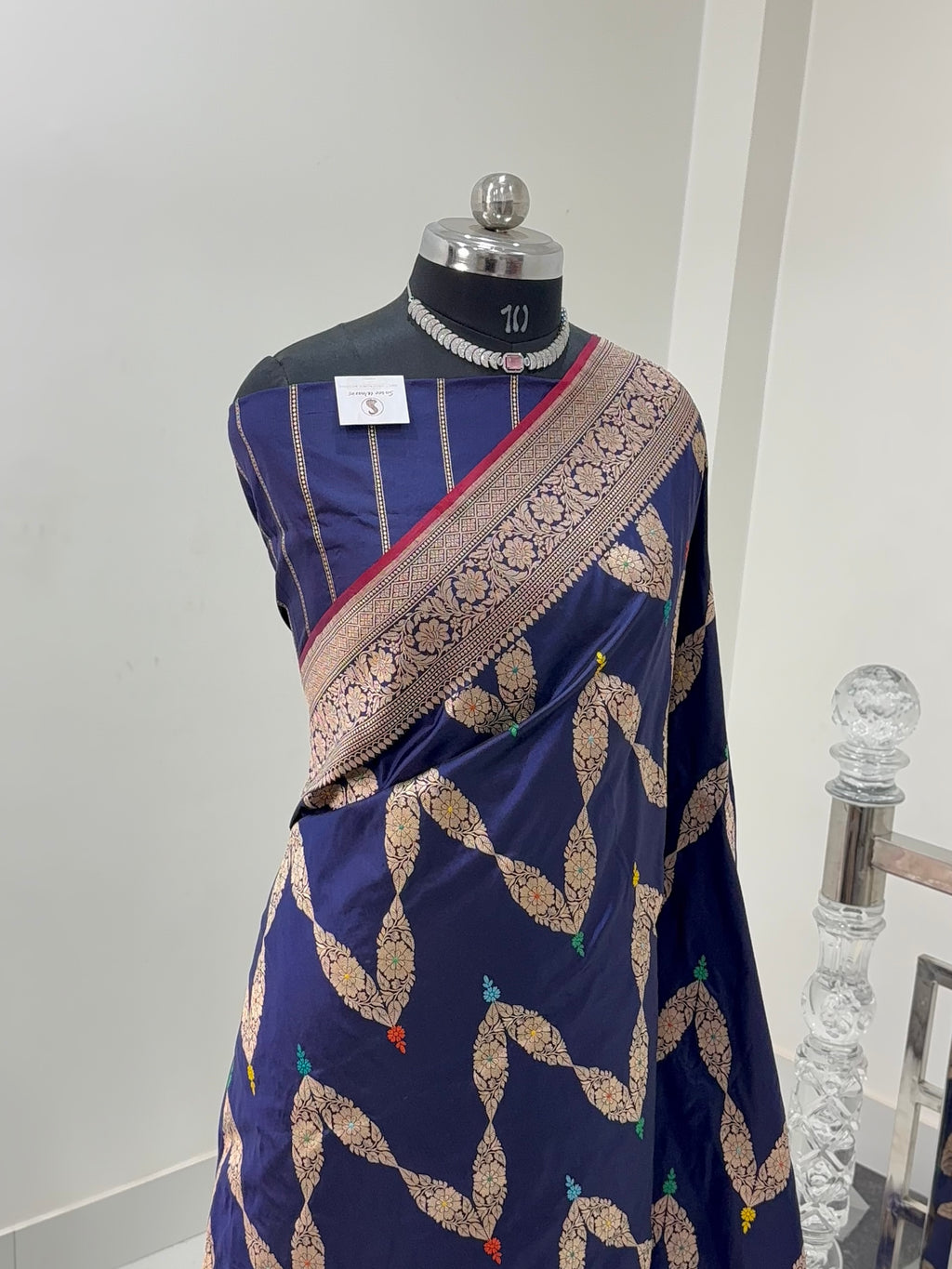 Handwoven Pure Katan Silk Saree in Jewellery Design pattern with meenakari in Light Gold Zari Work in Navy Blue Colour