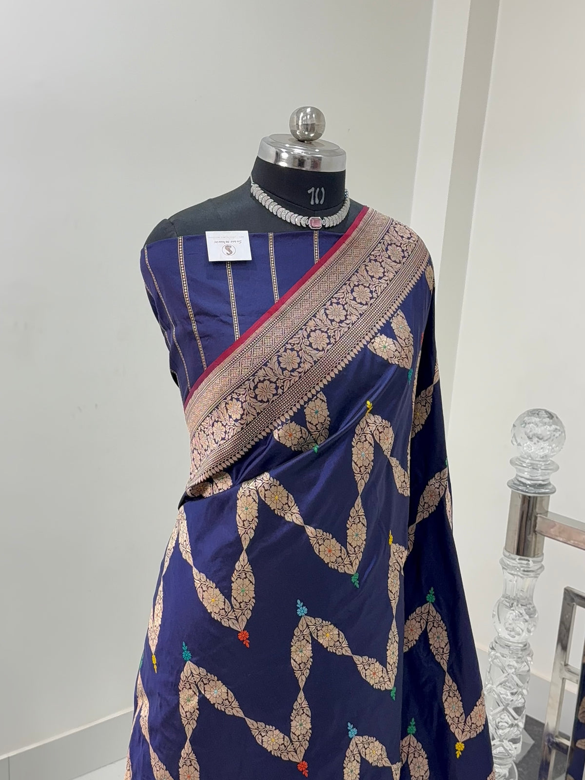 Handwoven Pure Katan Silk Saree in Jewellery Design pattern with meenakari in Light Gold Zari Work in Navy Blue Colour