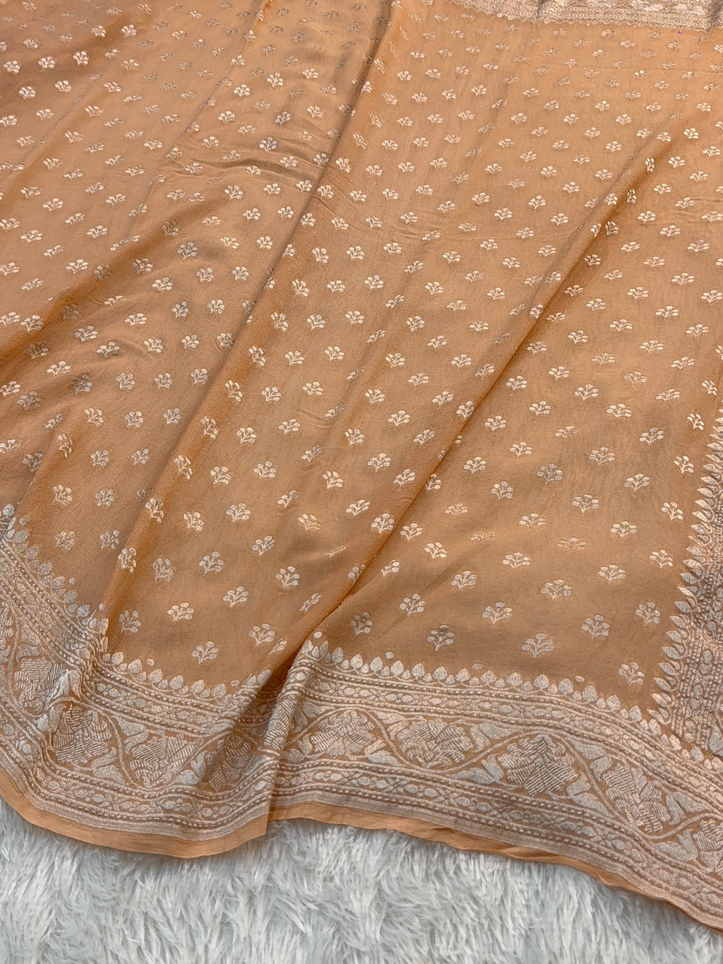 Banarasi Pure Khaddi Chiffon Saree  with Silver Zari Work with Small Motifs Pattern Design in Peach Colour