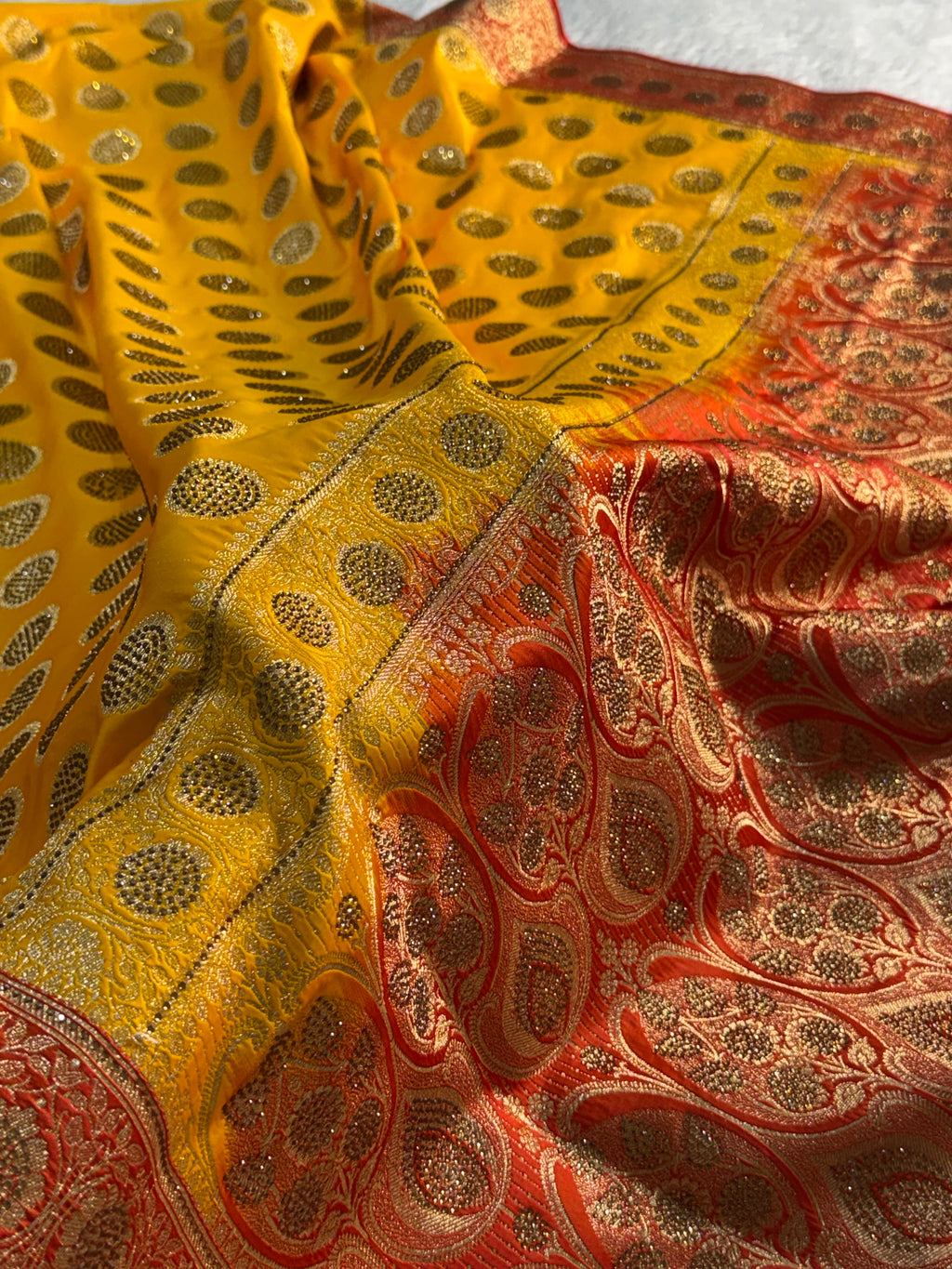Bridal Mashru Silk Saree with Swaroski Gola work in all over in contrast colour