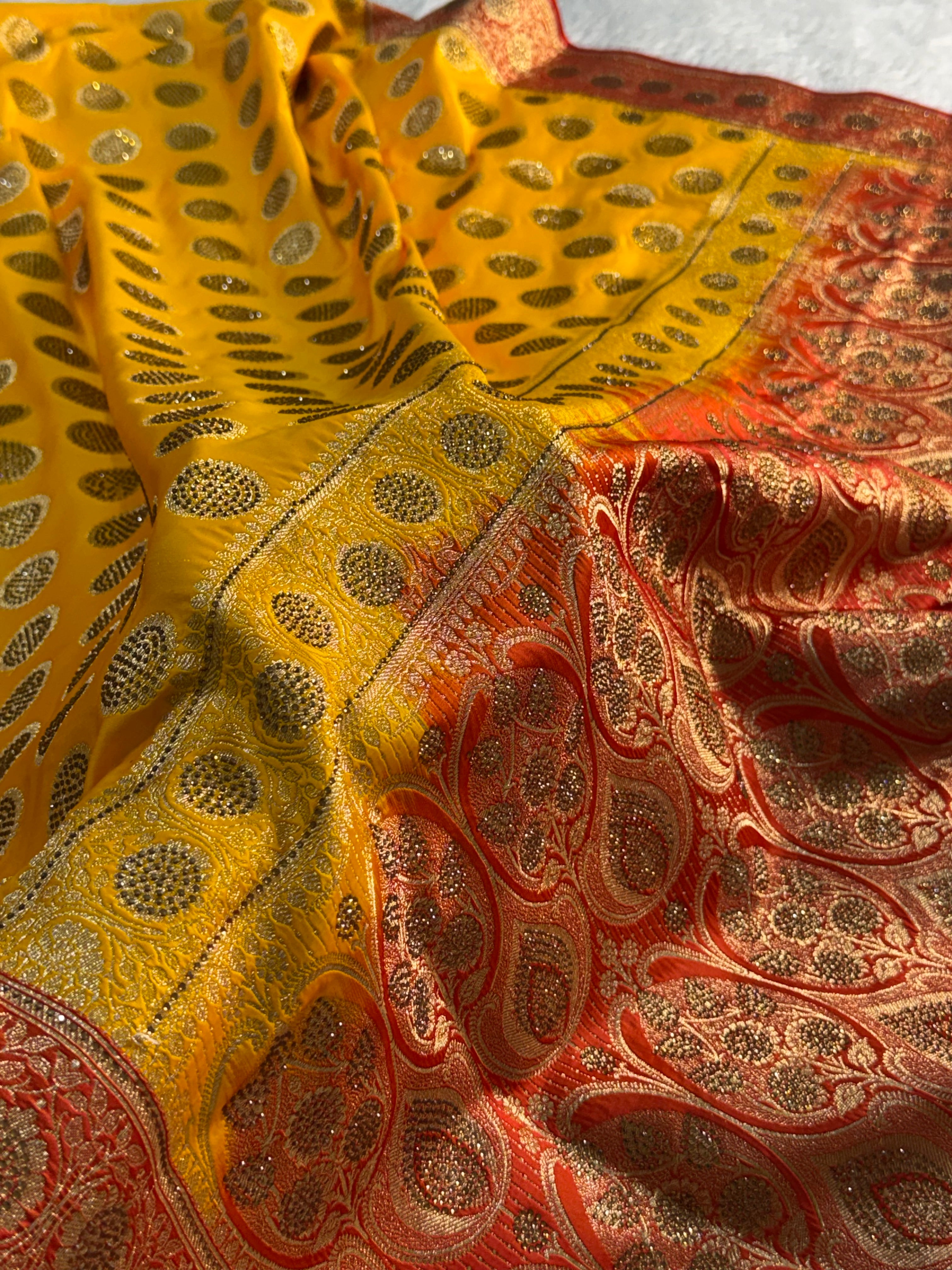 Bridal Mashru Silk Saree with Swaroski Gola work in all over in contrast colour