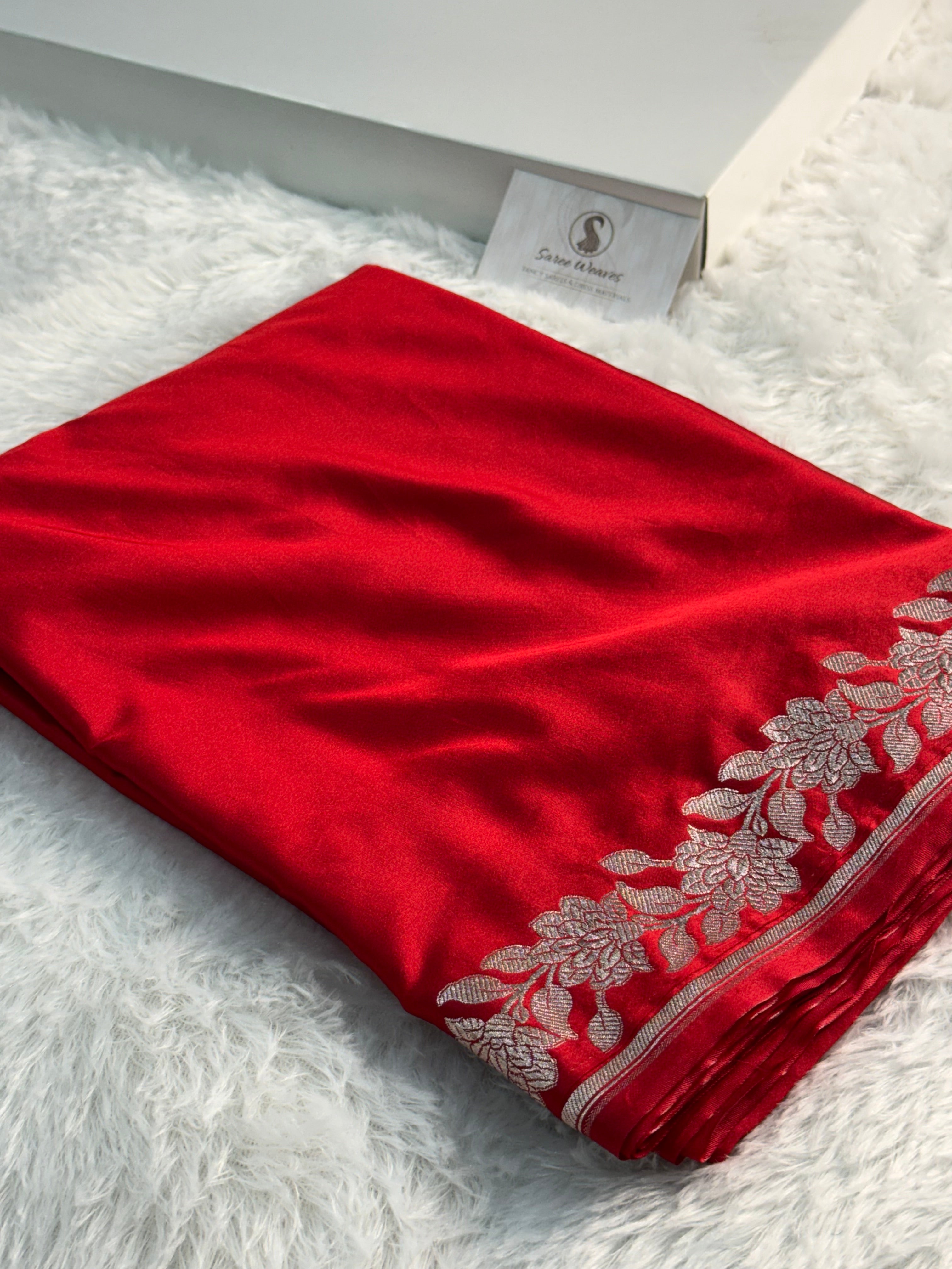 Banarasi Mashru Silk Saree with plain body and floral border Design in Red colour