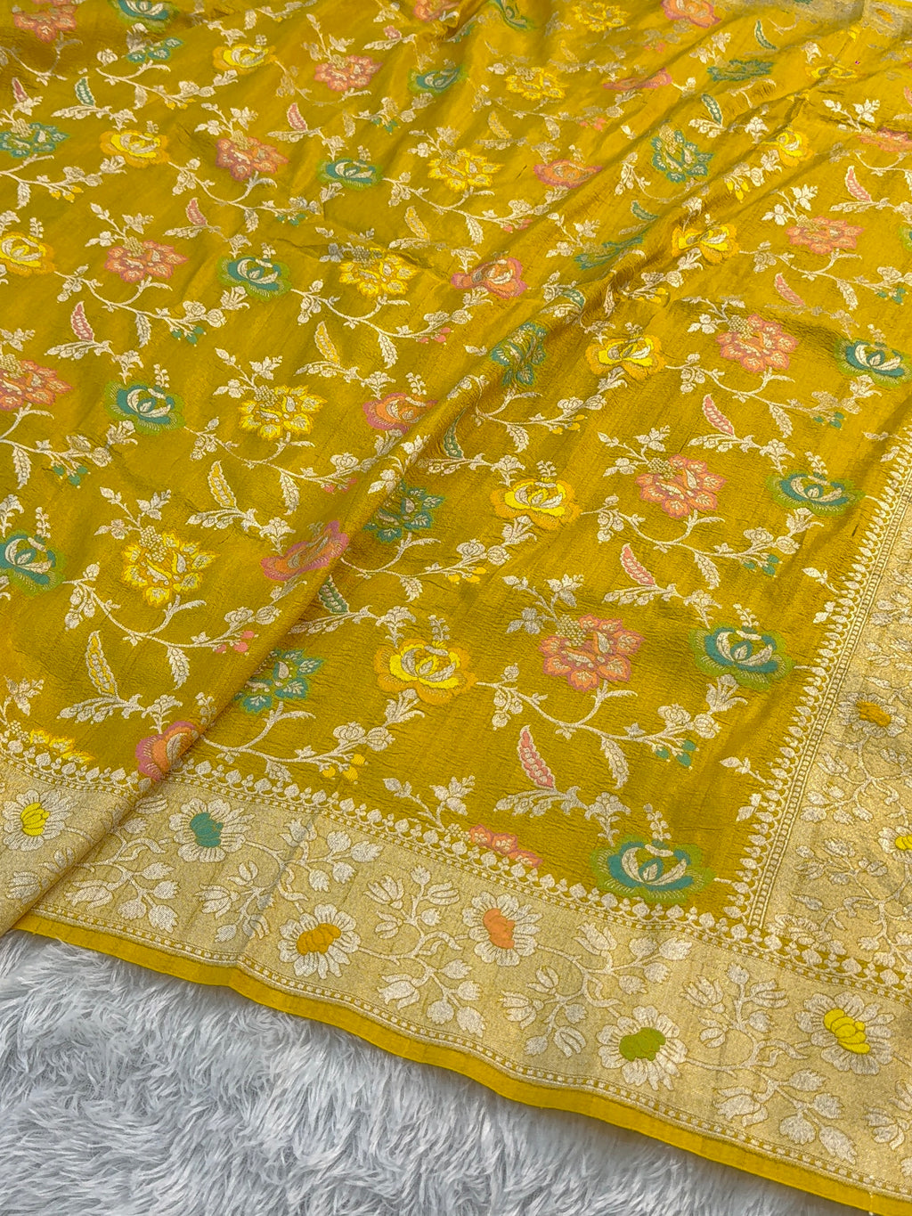 Pure Desi Tussar Silk Saree with Meenakari Floral Jaal Pattern in Yellow Color