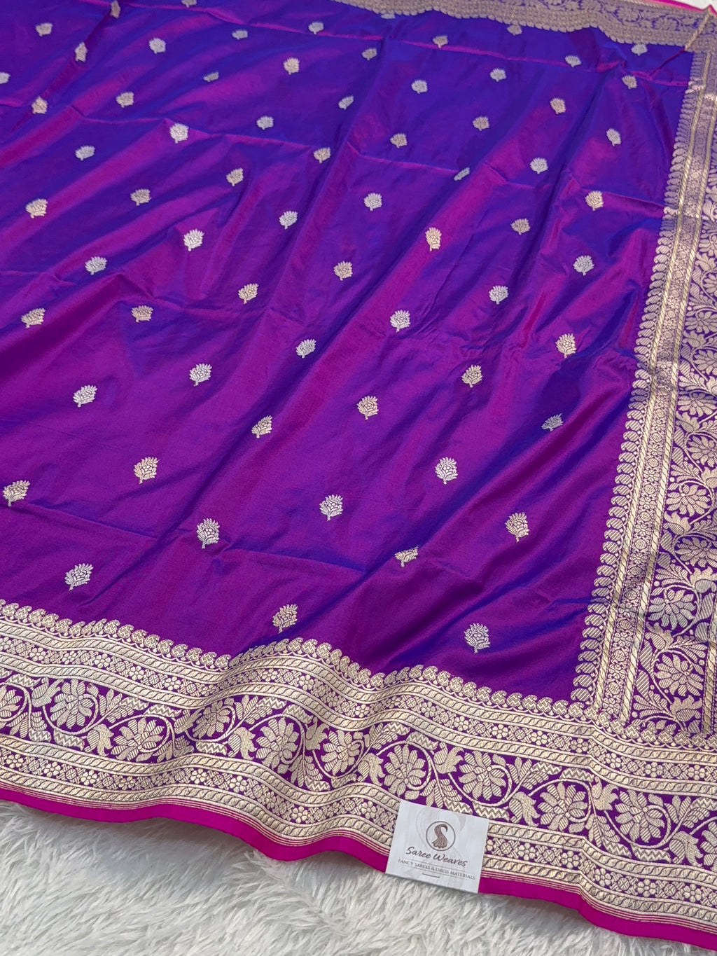 Handwoven pure katan silk saree with interlock weaving motifs in intricate silver and gold zari with Rani Edge in Deep Violet colour