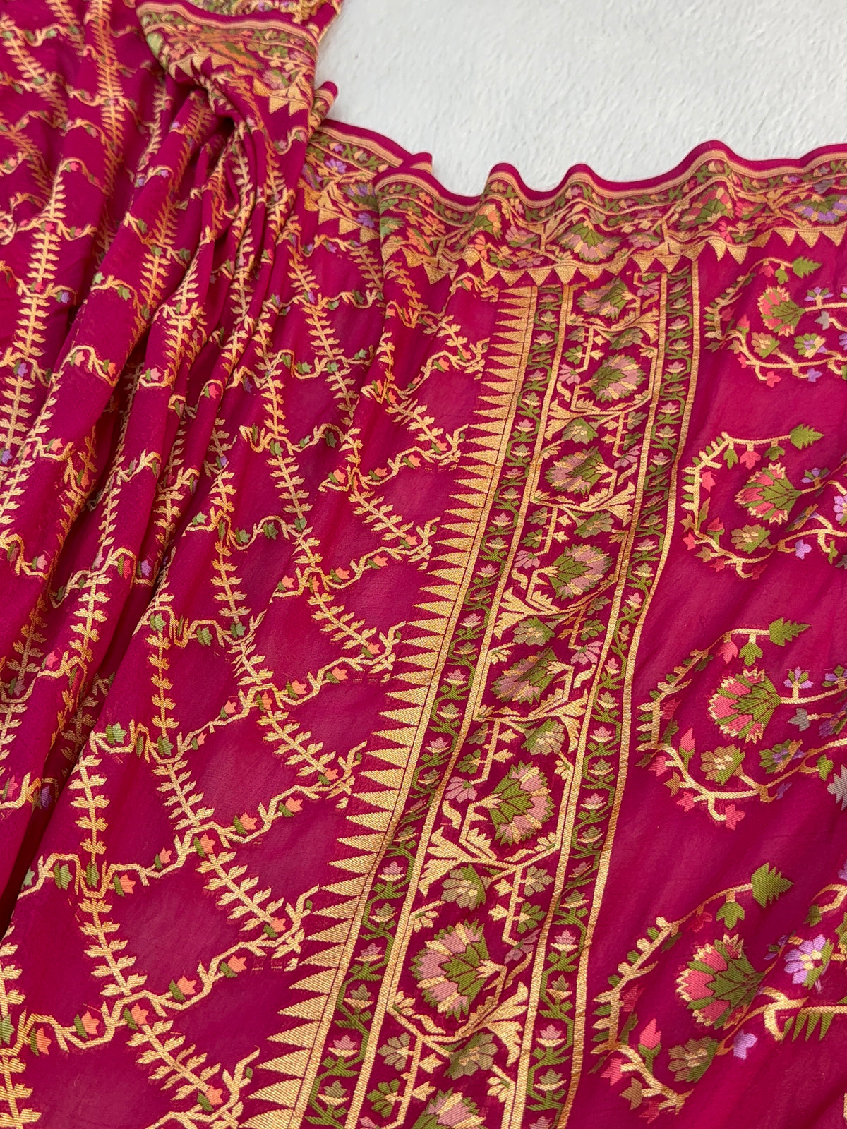 Banarasi Pure Khaddi Chiffon Saree with Meenakari Jaal Design in Rani Colour