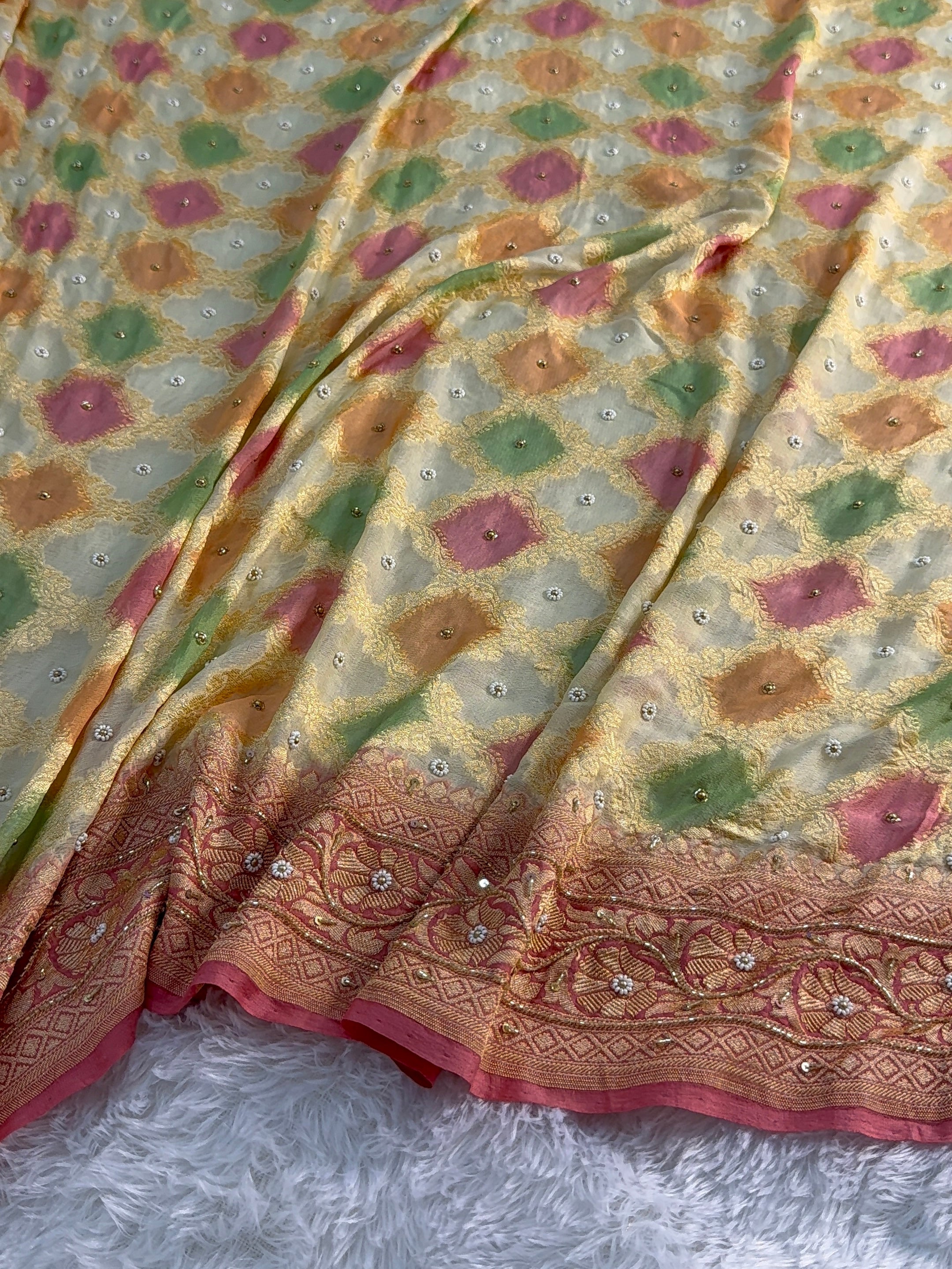 Banarasi Pure Khaddi Shiffon Rangkat Saree with Zardozi Handwork all over in Lavender Colour