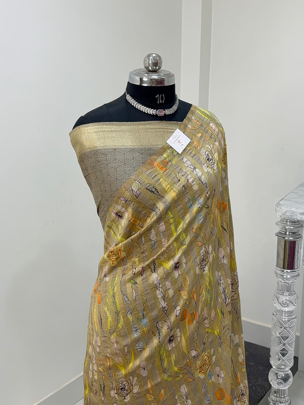 Pure Monga Silk saree with Digital Print Design and Vertical Stripes Zari Work