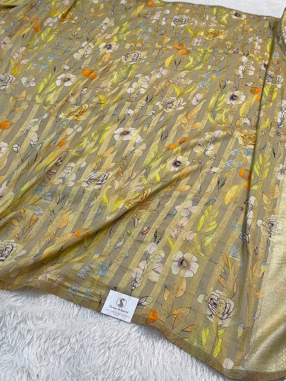 Pure Monga Silk saree with Digital Print Design and Vertical Stripes Zari Work