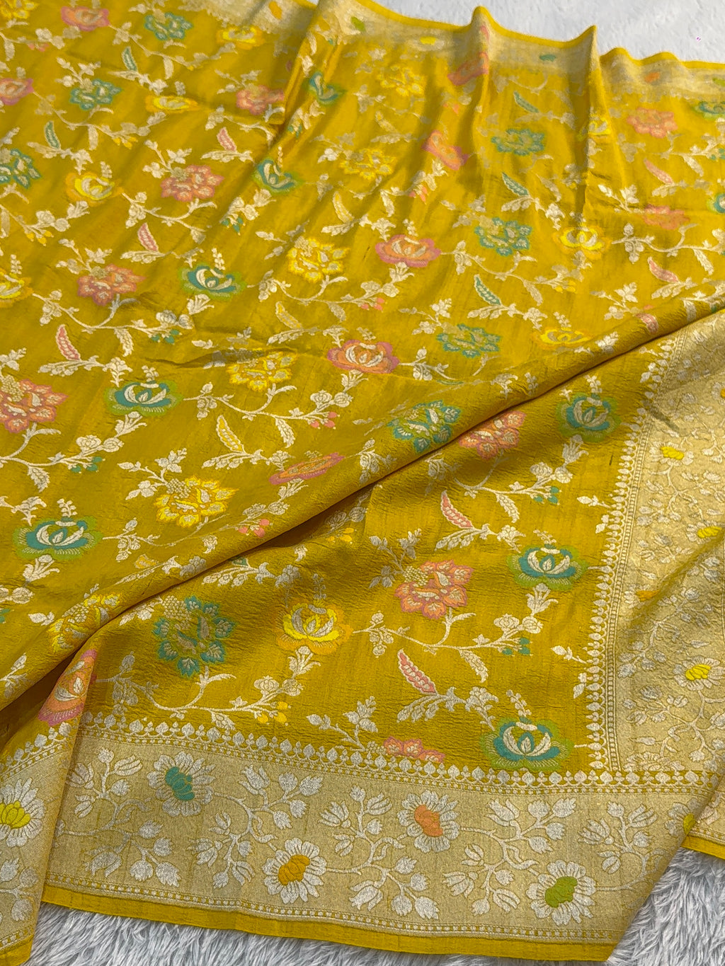 Pure Desi Tussar Silk Saree with Meenakari Floral Jaal Pattern in Yellow Color