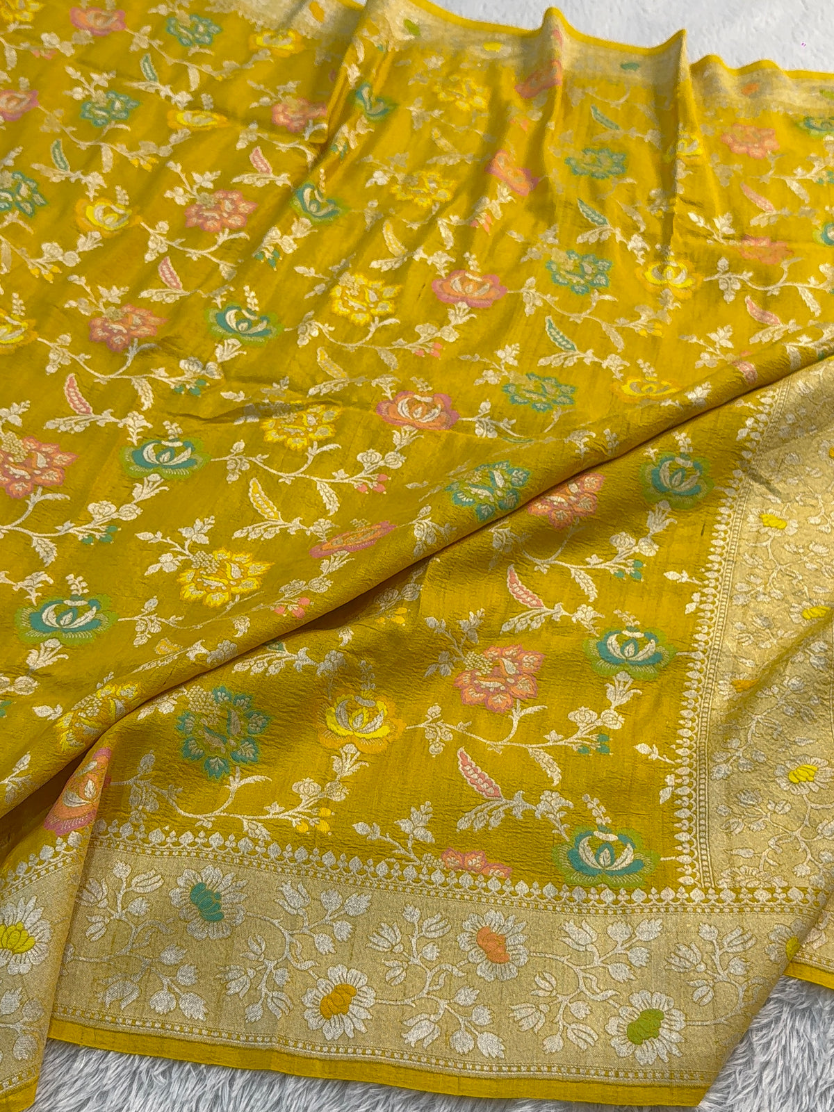Pure Desi Tussar Silk Saree with Meenakari Floral Jaal Pattern in Yellow Color