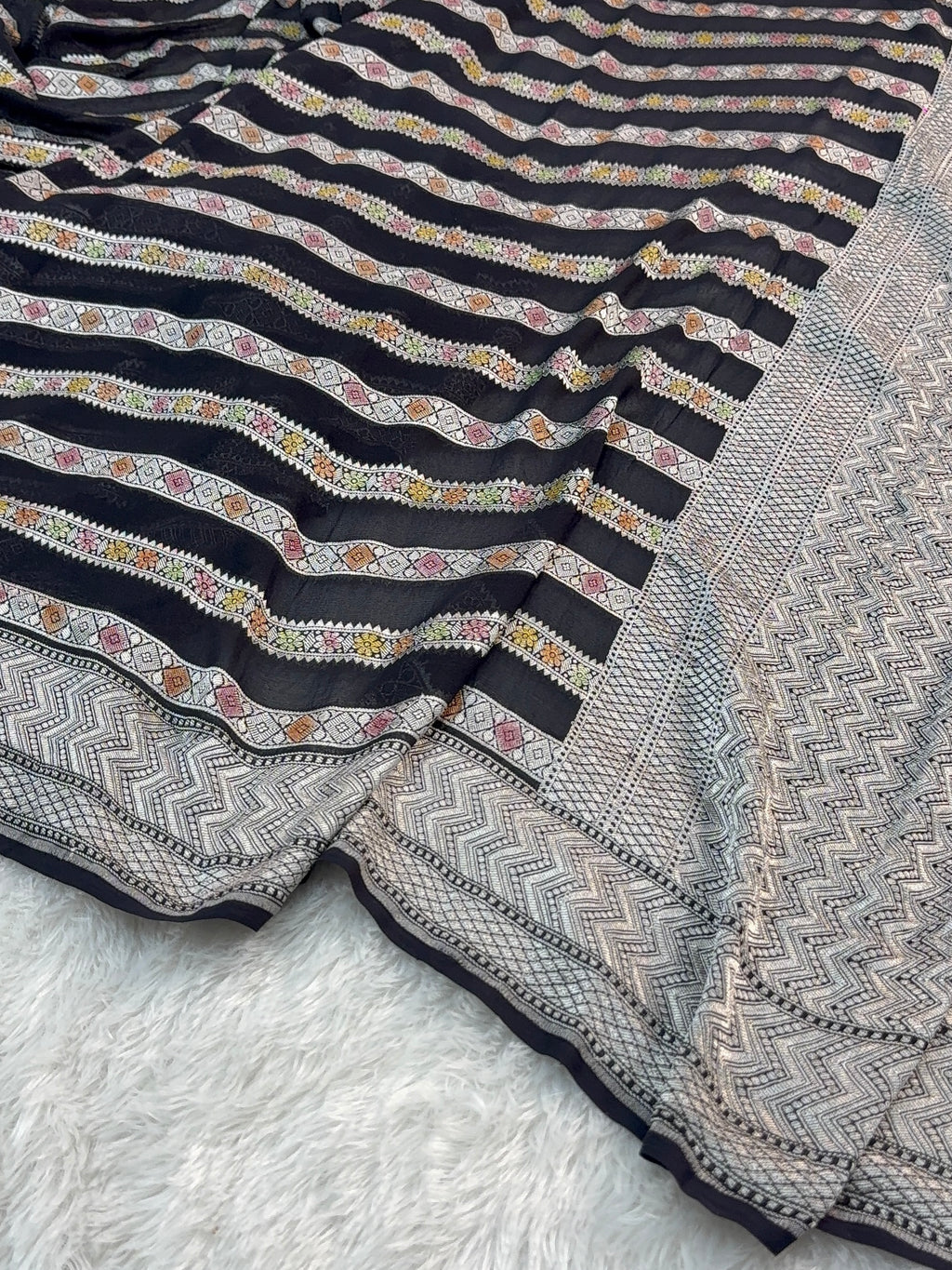 Banarasi Pure Khaddi Chiffon Saree  with Silver Zari Work In Horizontal stripes pattern Design with Meenakari by hand brush in Black Colour