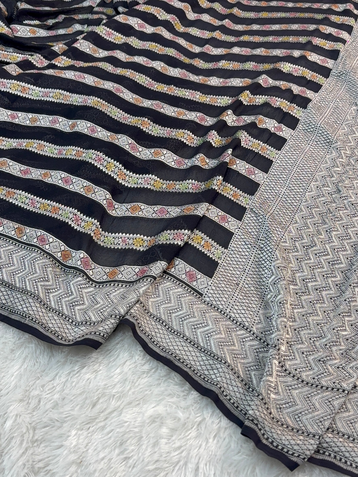 Banarasi Pure Khaddi Chiffon Saree  with Silver Zari Work In Horizontal stripes pattern Design with Meenakari by hand brush in Black Colour