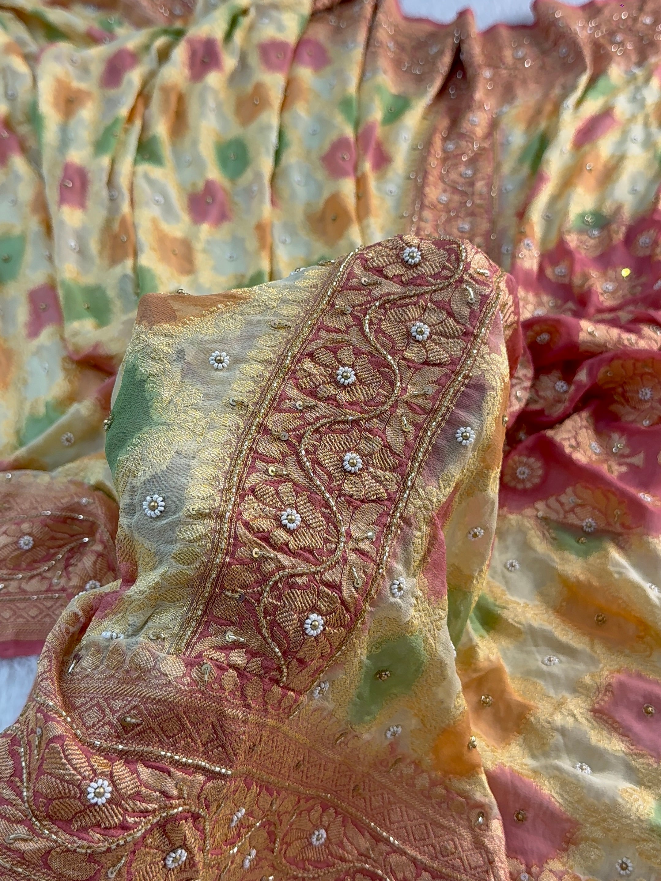 Banarasi Pure Khaddi Shiffon Rangkat Saree with Zardozi Handwork all over in Lavender Colour