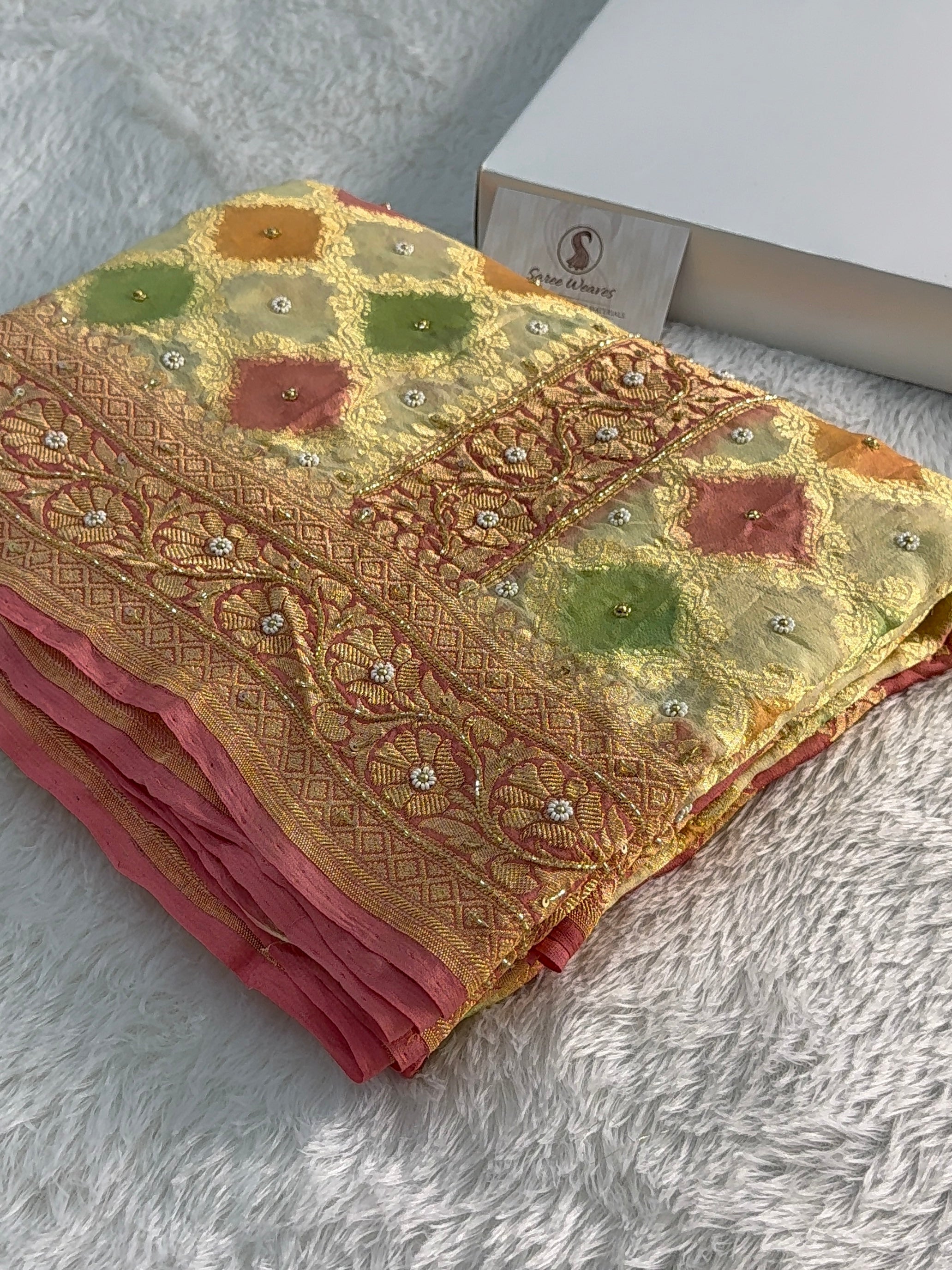 Banarasi Pure Khaddi Shiffon Rangkat Saree with Zardozi Handwork all over in Lavender Colour