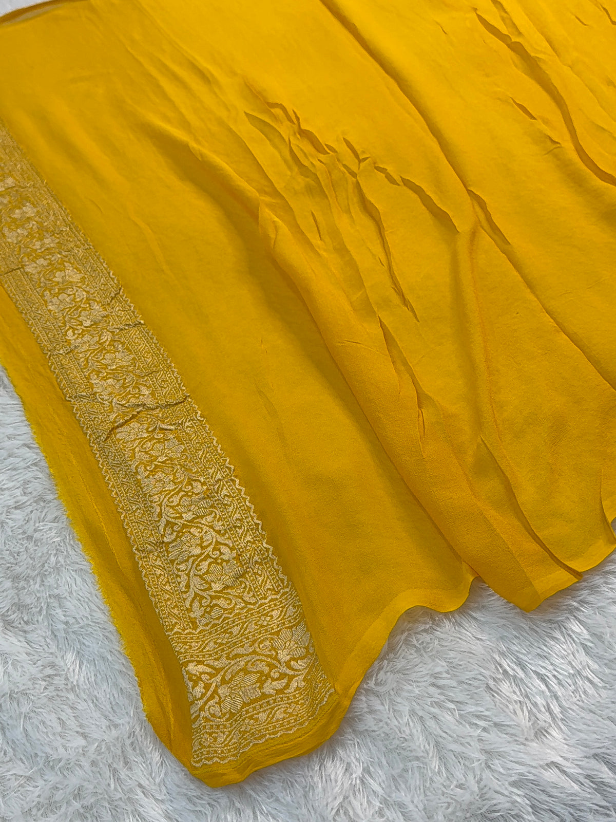 Banarasi Pure Khaddi Chiffon Saree in Border And Buti Design in Mustard Colour