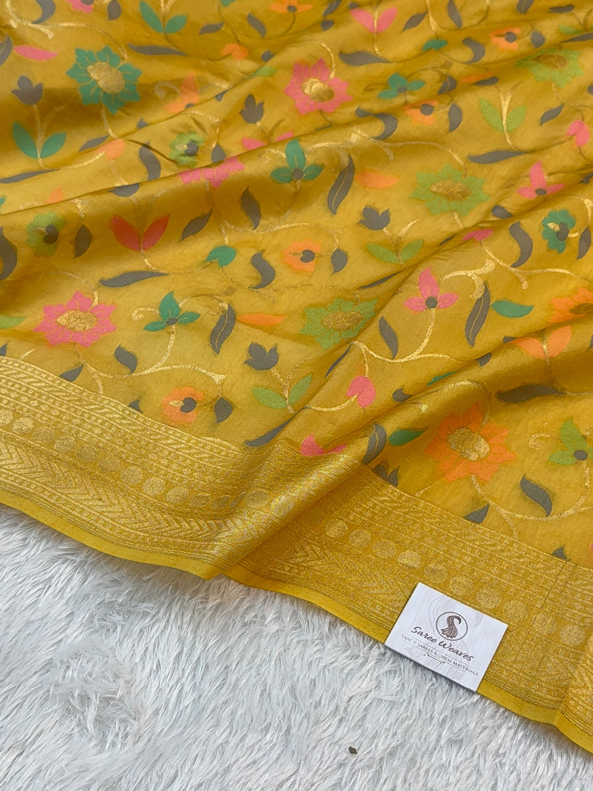 Pure Katan Silk Saree with Gold Zari And Meenakari Jaal Design in Yellow Colour