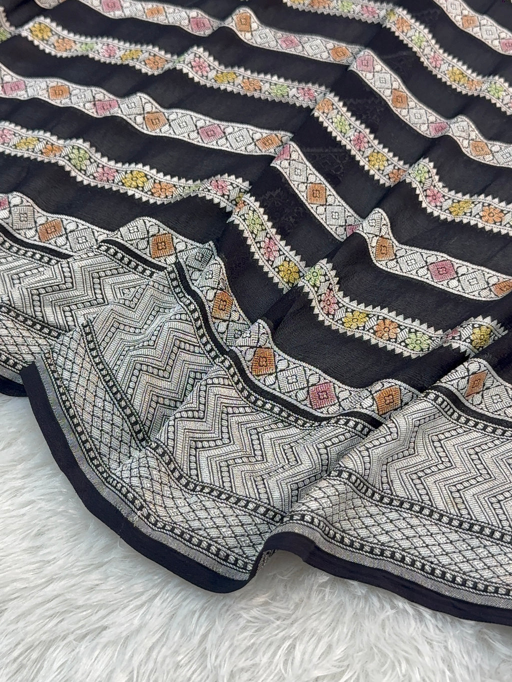 Banarasi Pure Khaddi Chiffon Saree  with Silver Zari Work In Horizontal stripes pattern Design with Meenakari by hand brush in Black Colour