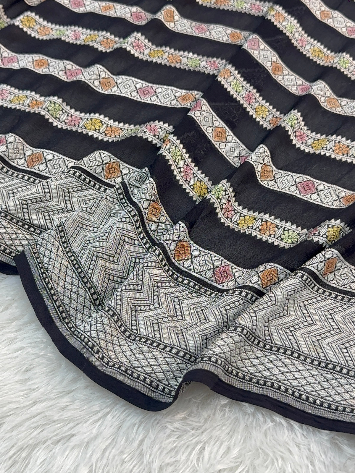 Banarasi Pure Khaddi Chiffon Saree  with Silver Zari Work In Horizontal stripes pattern Design with Meenakari by hand brush in Black Colour