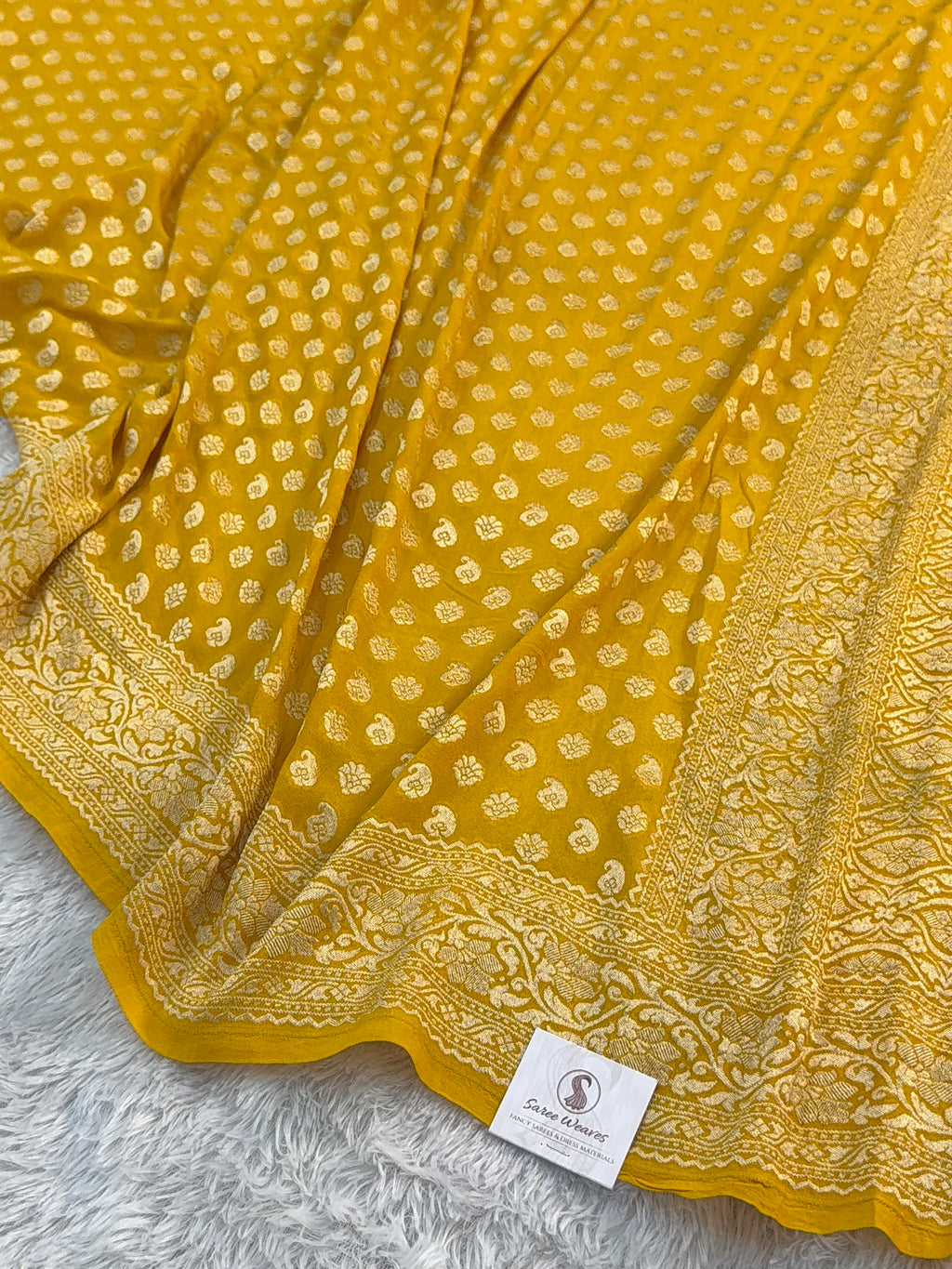 Banarasi Pure Khaddi Chiffon Saree in Border And Buti Design in Mustard Colour