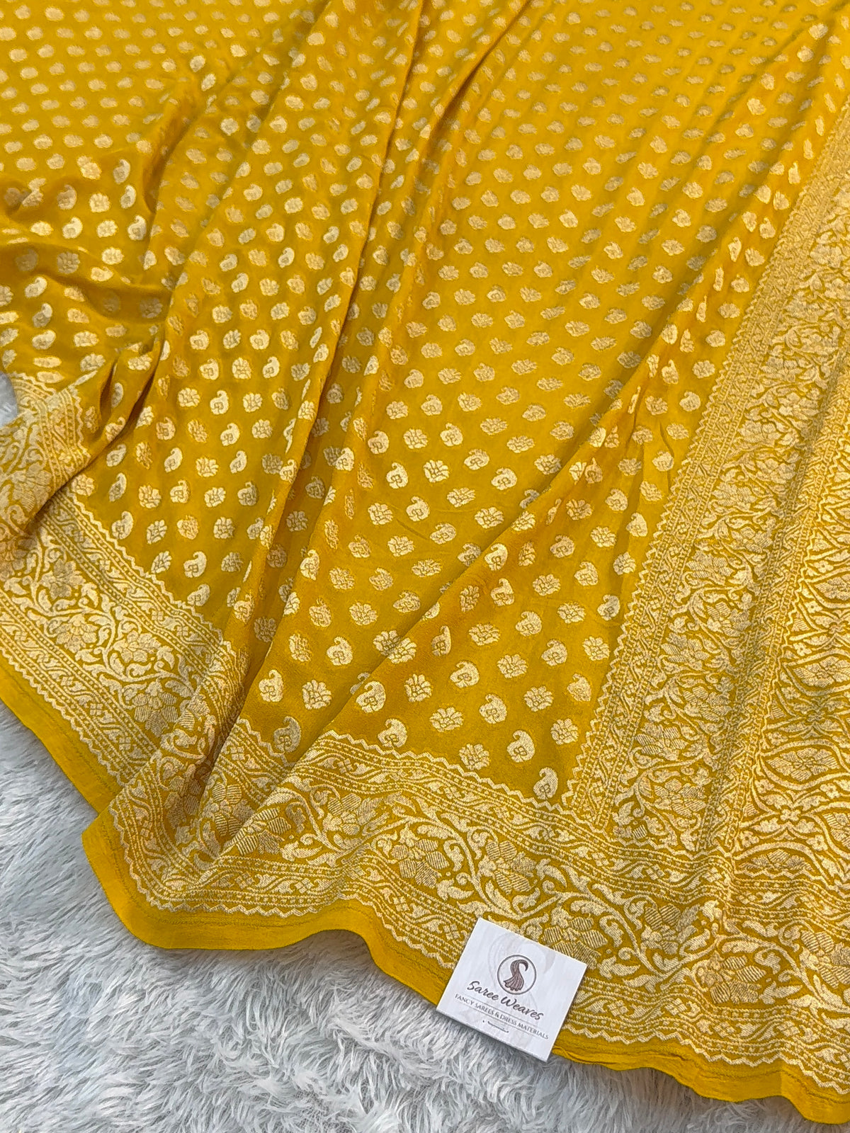 Banarasi Pure Khaddi Chiffon Saree in Border And Buti Design in Mustard Colour
