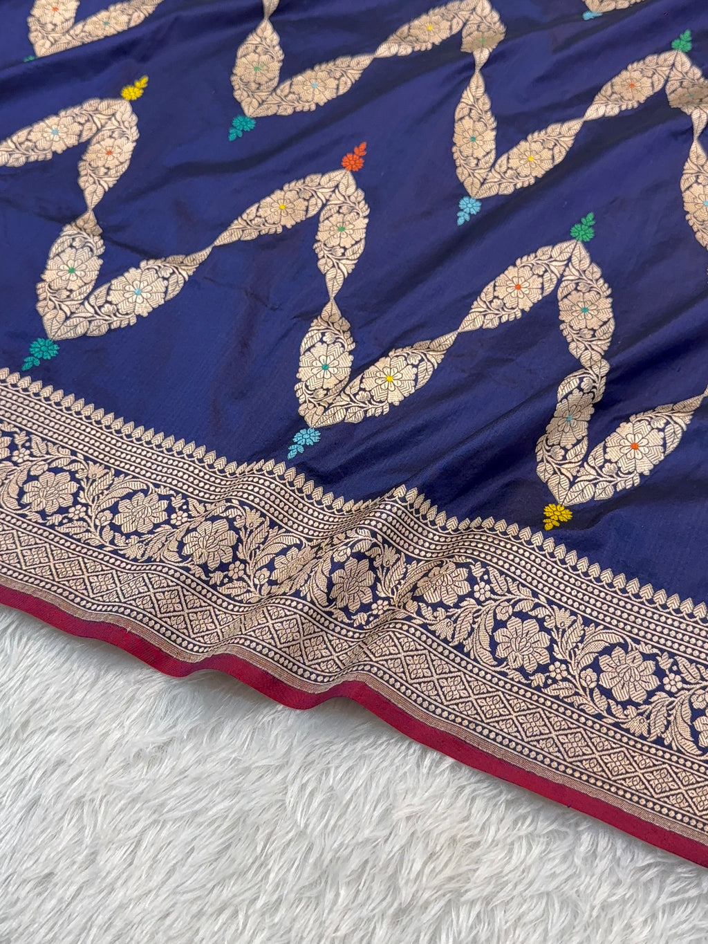 Handwoven Pure Katan Silk Saree in Jewellery Design pattern with meenakari in Light Gold Zari Work in Navy Blue Colour