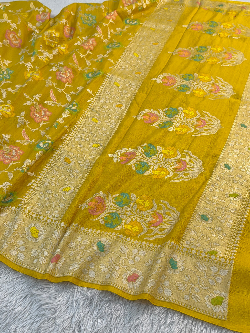 Pure Desi Tussar Silk Saree with Meenakari Floral Jaal Pattern in Yellow Color
