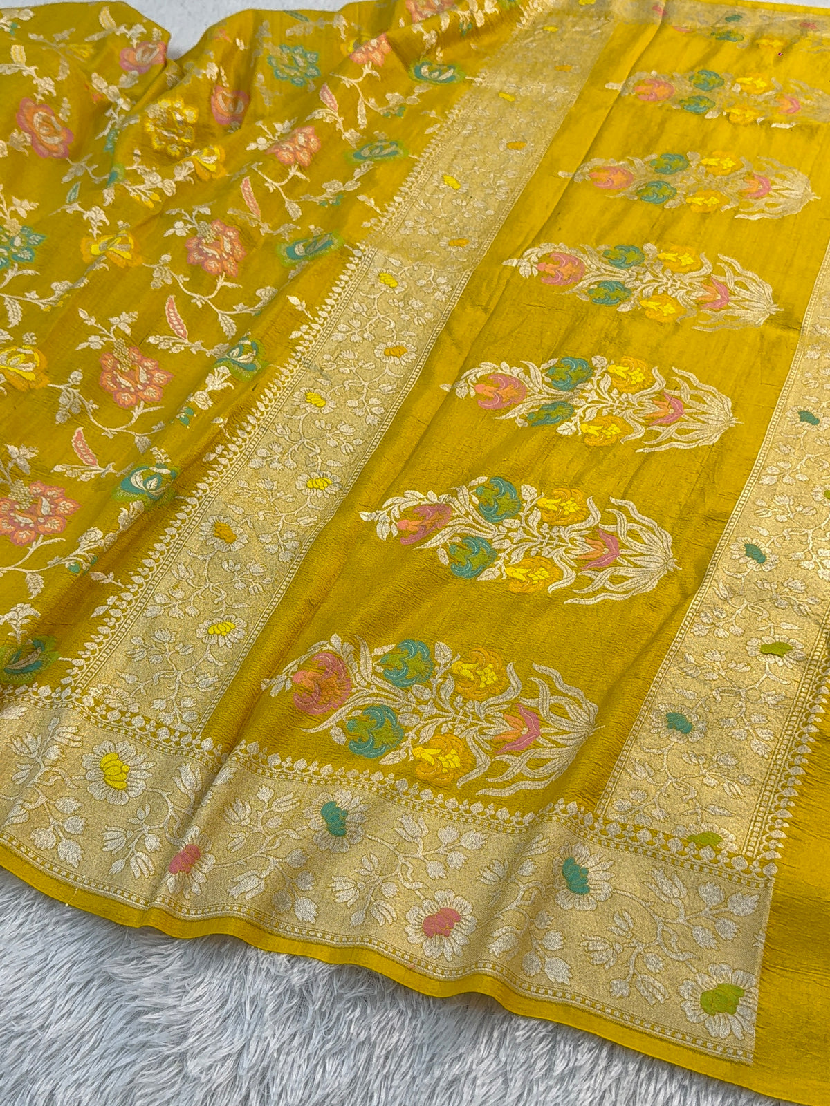 Pure Desi Tussar Silk Saree with Meenakari Floral Jaal Pattern in Yellow Color