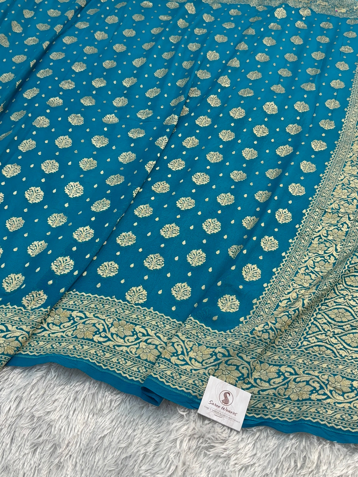 Banarasi Pure Khaddi Chiffon Saree in Buta and Buti Design in Peacock Blue Colour