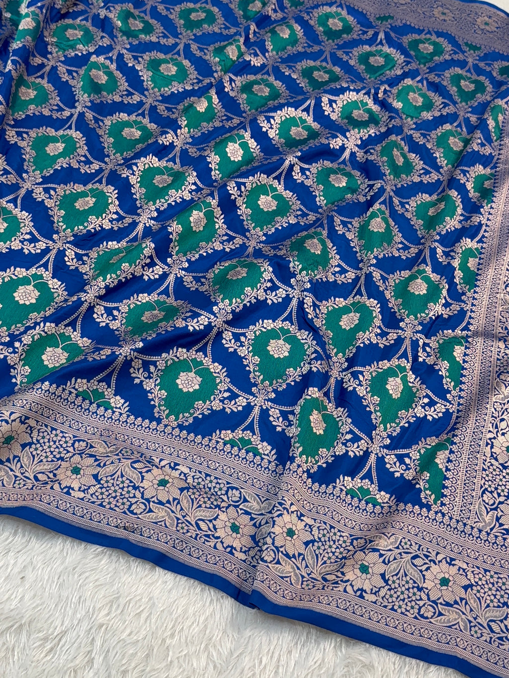 Banarasi Pure Katan Silk Rangkat Saree with the combination of Bottle Green and Royal Blue Colour