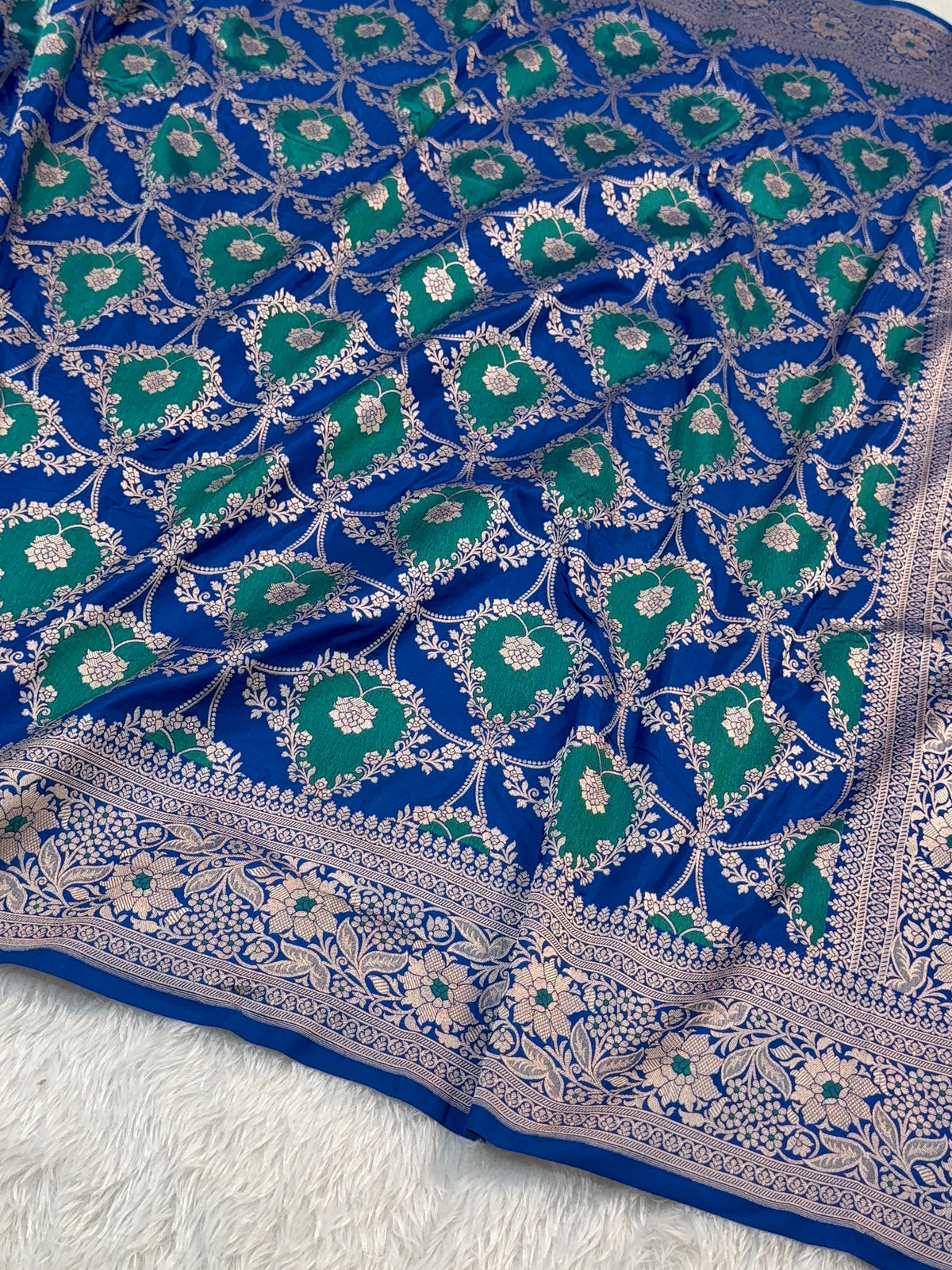 Banarasi Pure Katan Silk Rangkat Saree with the combination of Bottle Green and Royal Blue Colour