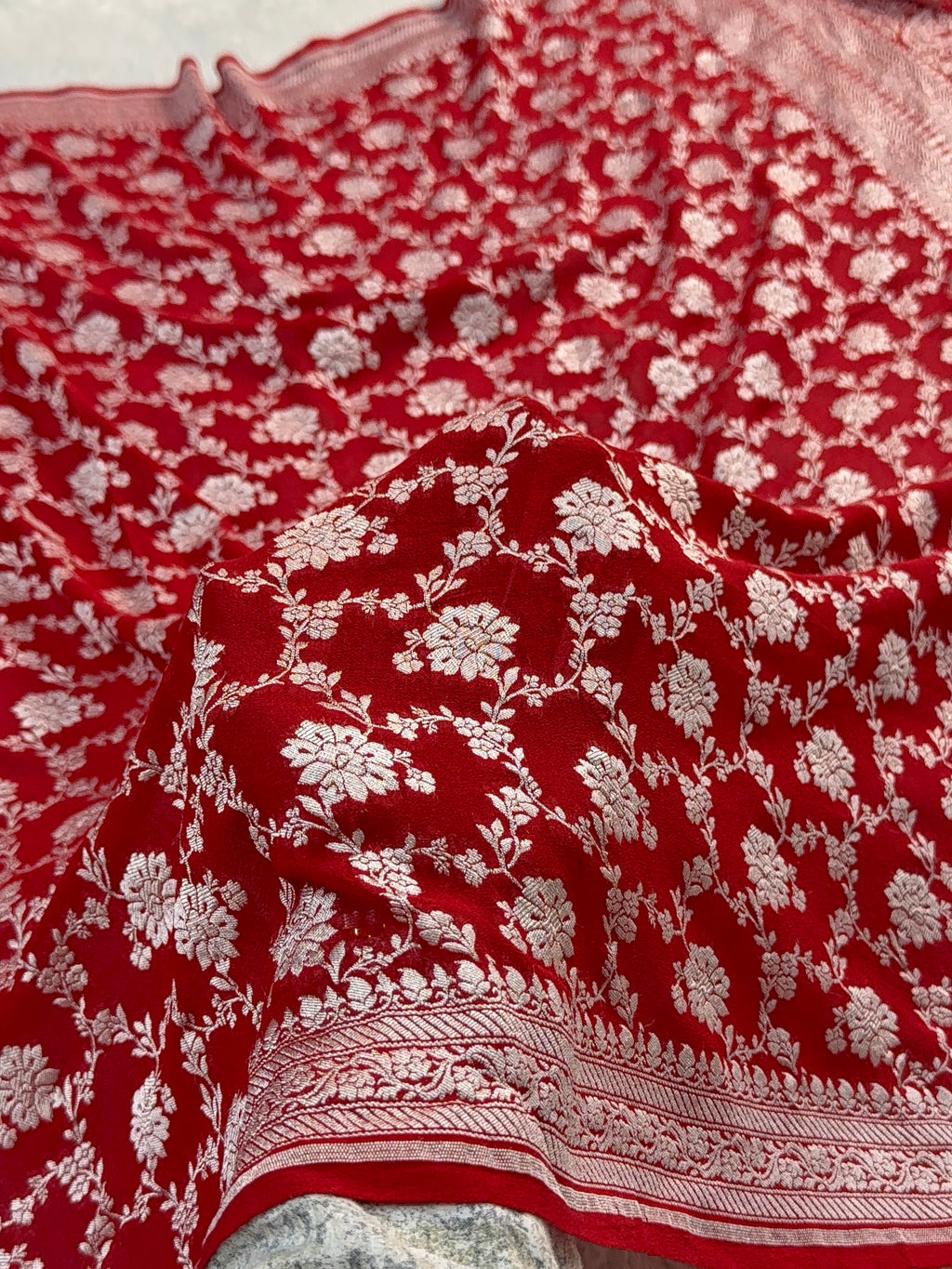 Banarasi Pure Khaddi Chiffon Saree  with Light Gold Zari Work In Floral Jaal Design in Red Colour