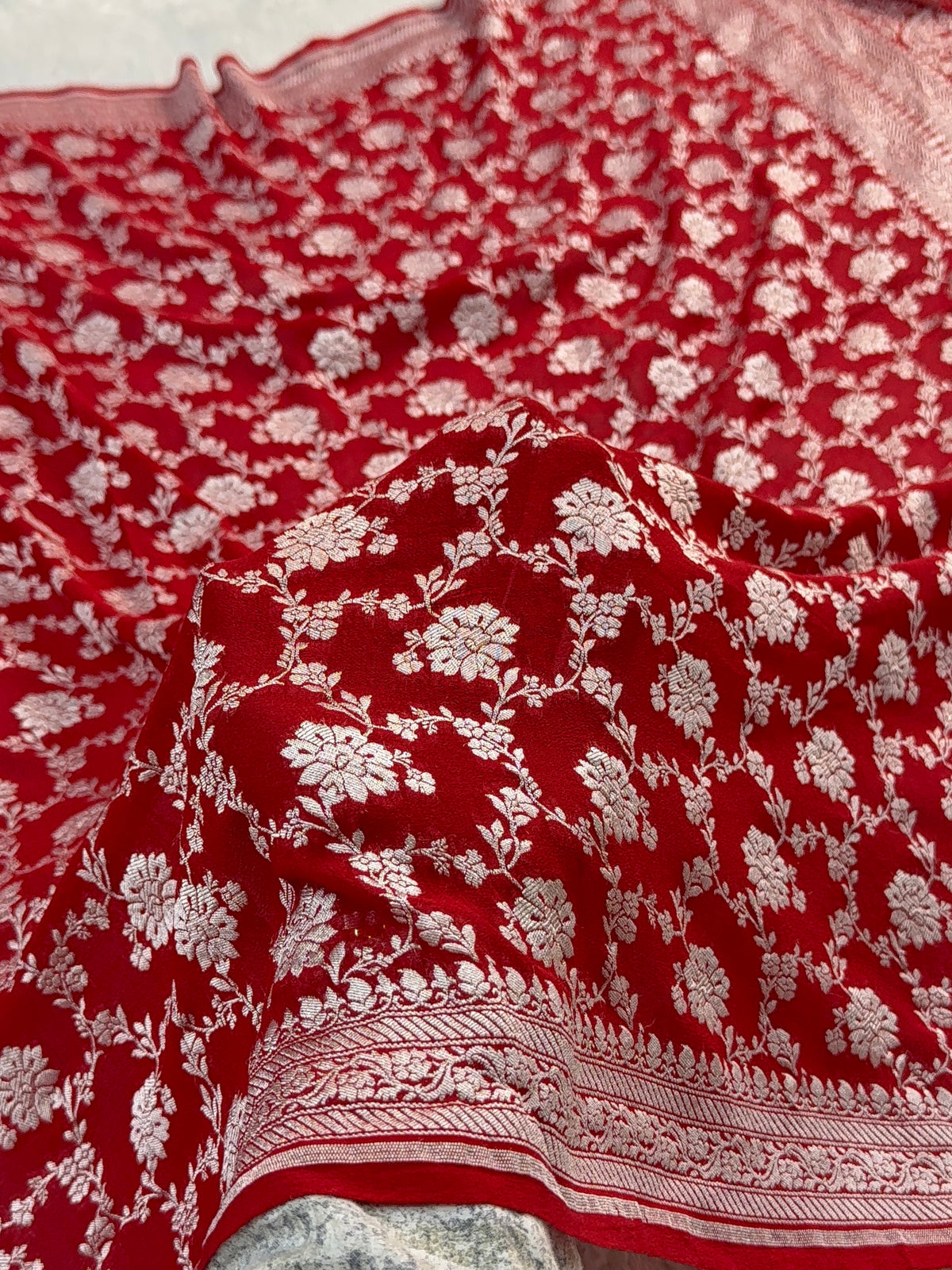 Banarasi Pure Khaddi Chiffon Saree  with Light Gold Zari Work In Floral Jaal Design in Red Colour