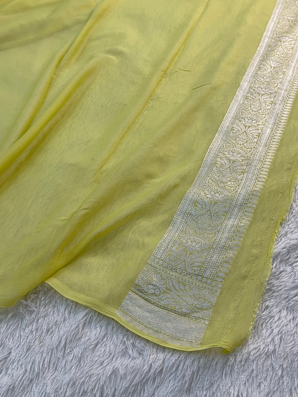 Banarasi Pure Khaddi Chiffon Saree  with Silver Zari Work In Floral Jaal Design in Dark Green and Light Lemon Colour Combination