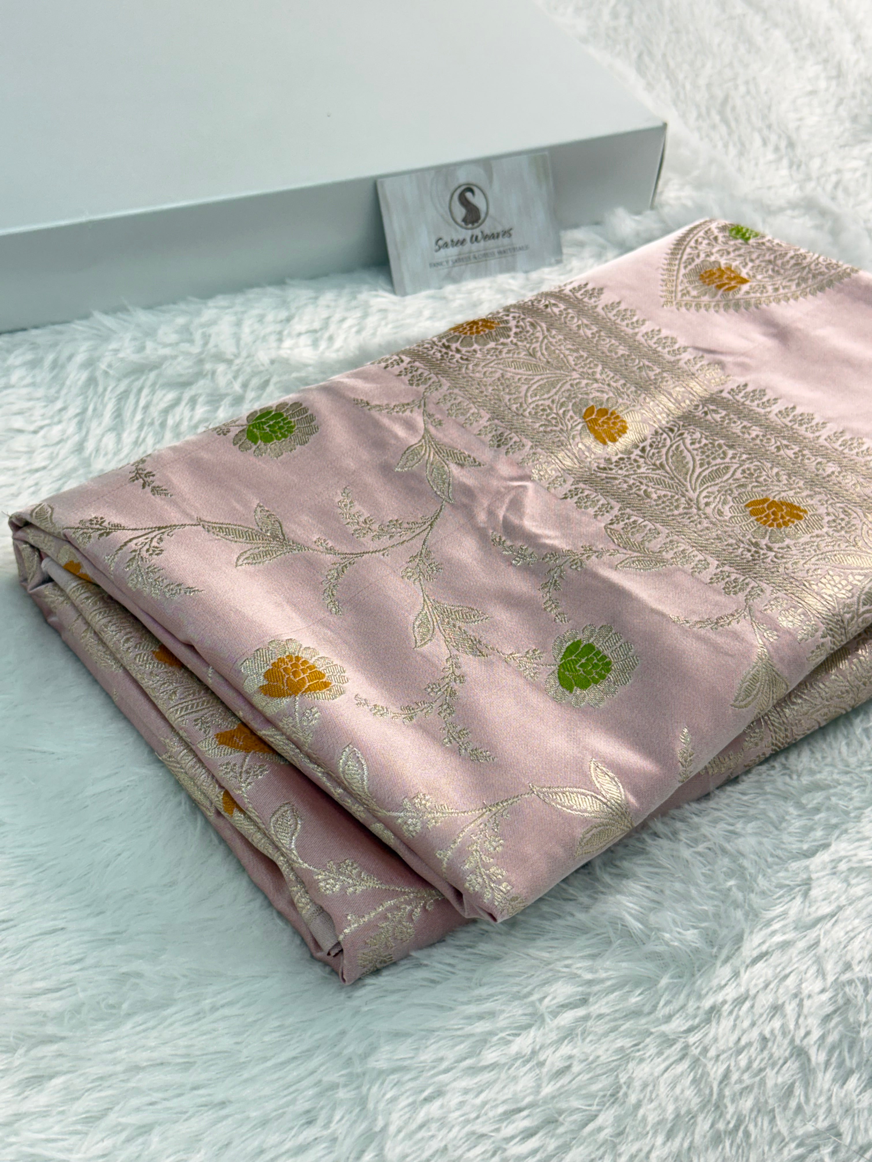 Banarasi Mashru Silk Saree Intricate Meenakari Jaal Design in Light Pink color
