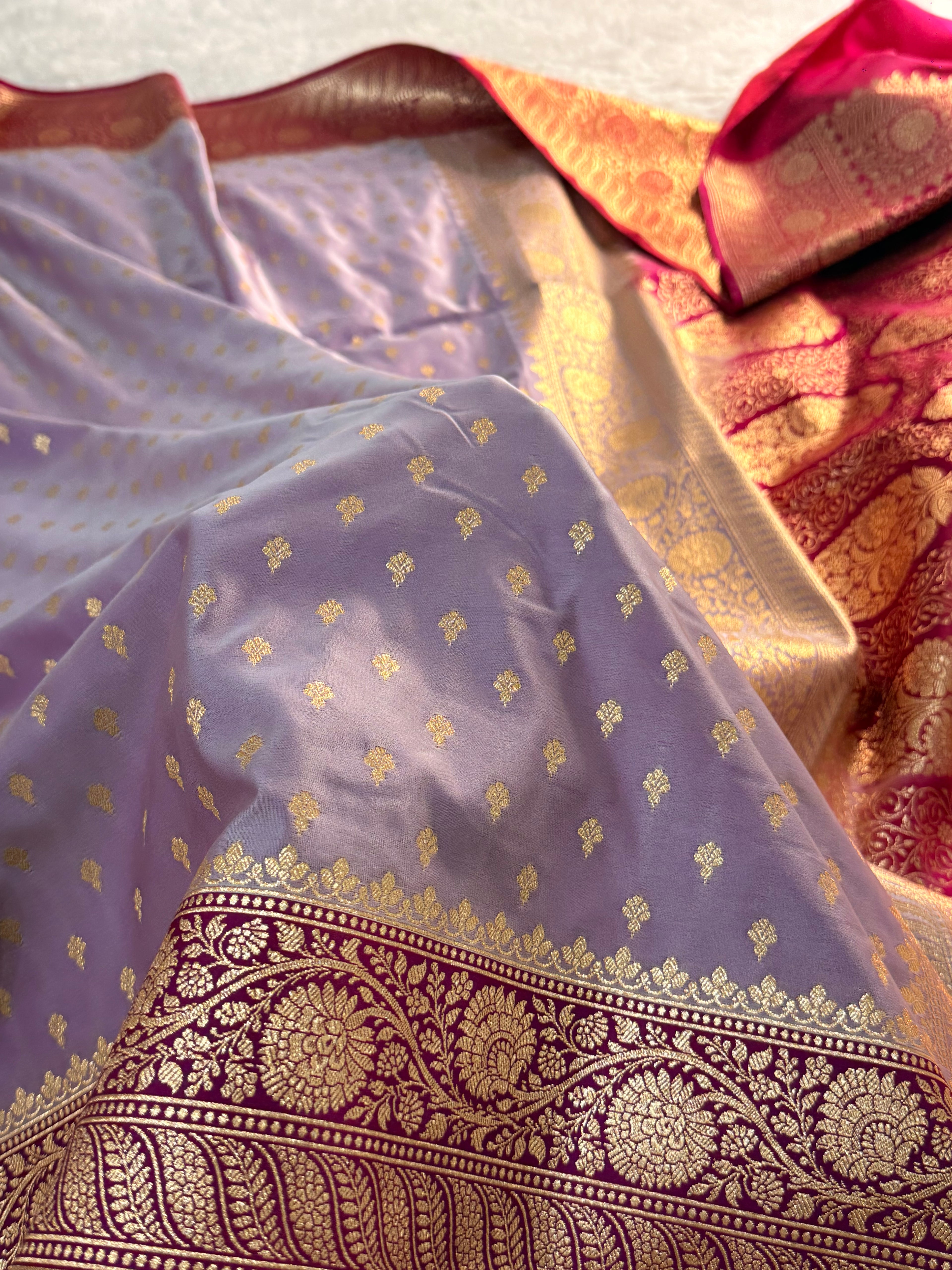 Banarasi Mashru Silk Saree with Buti Design in contrast Lavender colour