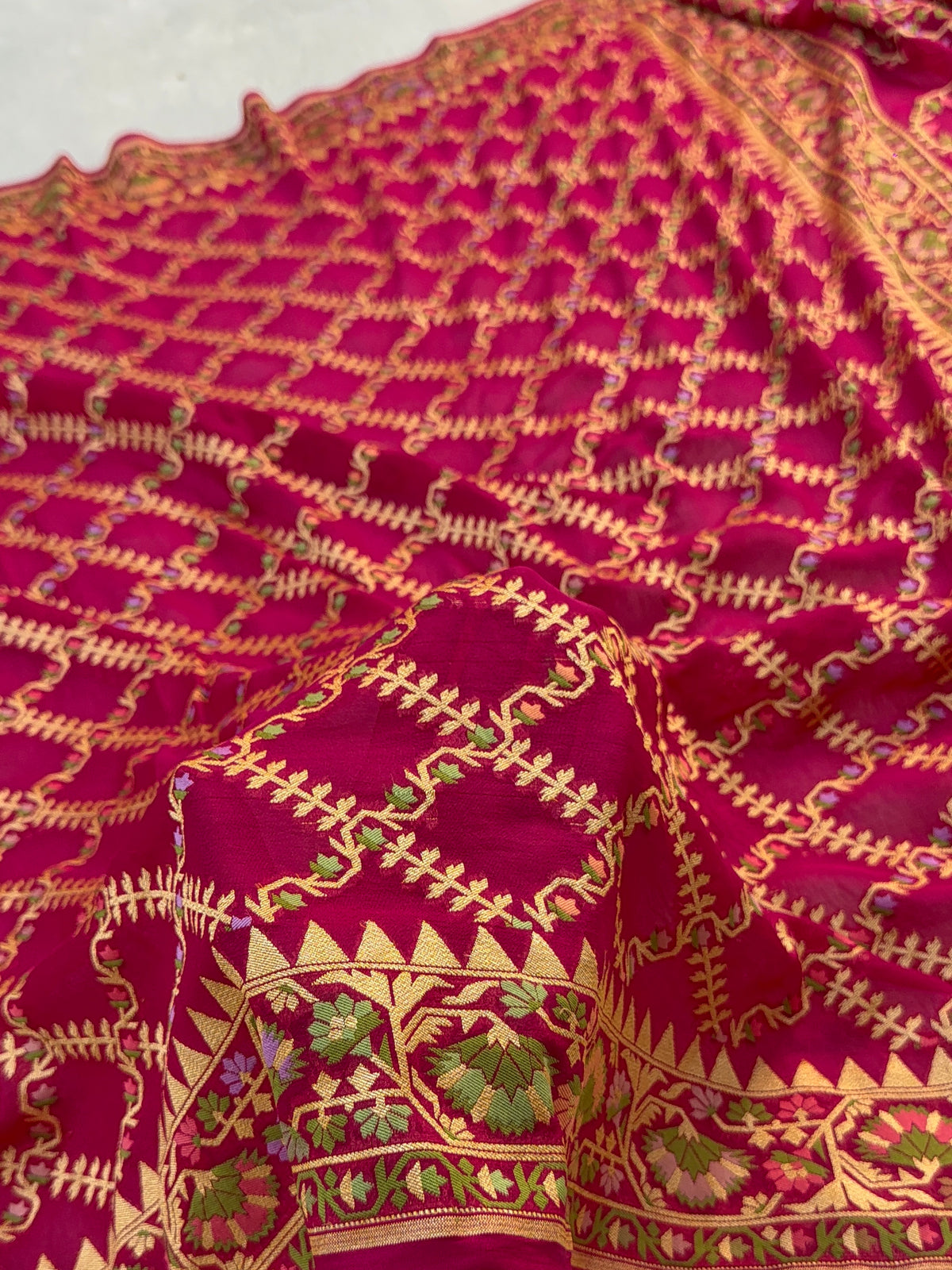 Banarasi Pure Khaddi Chiffon Saree with Meenakari Jaal Design in Rani Colour