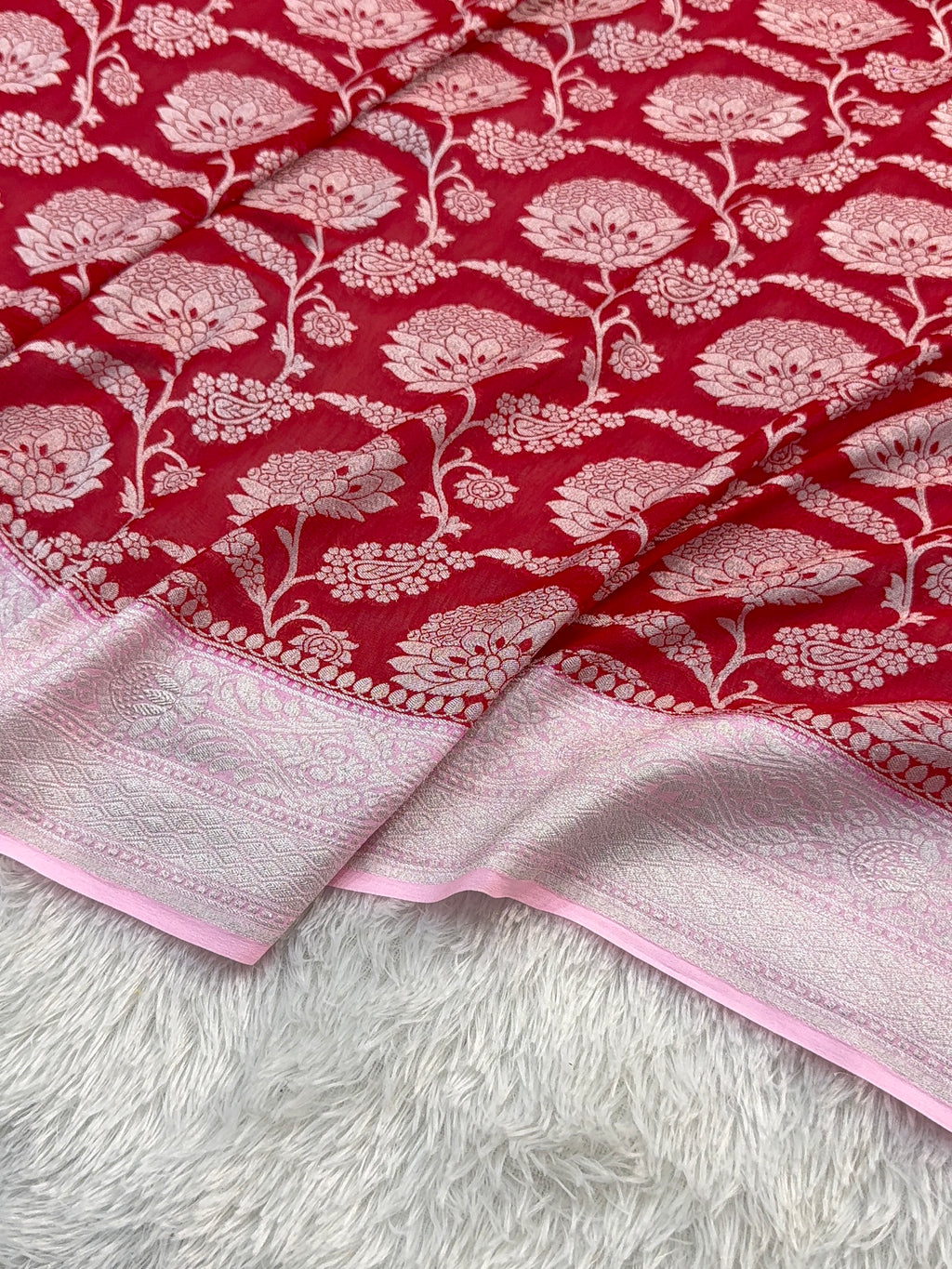 Banarasi Pure Khaddi Chiffon Saree  with Silver Zari Work In Floral Jaal Design in Red and Light Pink Colour Combination