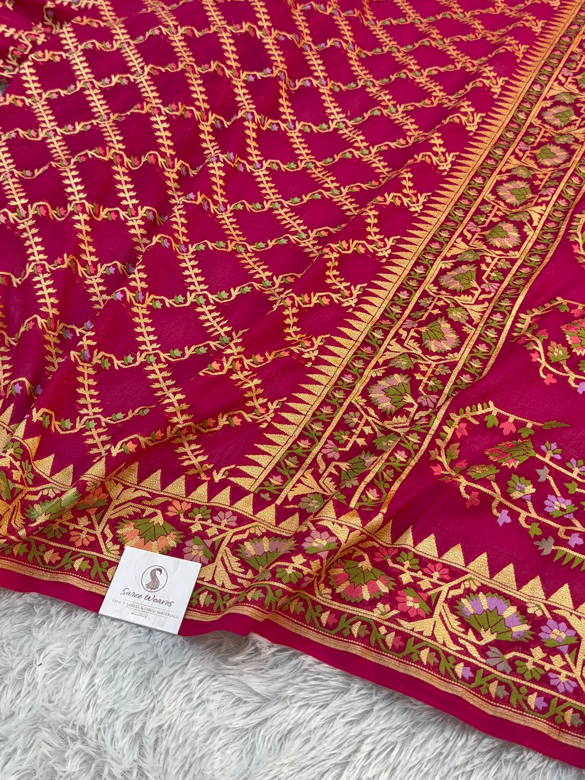 Banarasi Pure Khaddi Chiffon Saree with Meenakari Jaal Design in Rani Colour