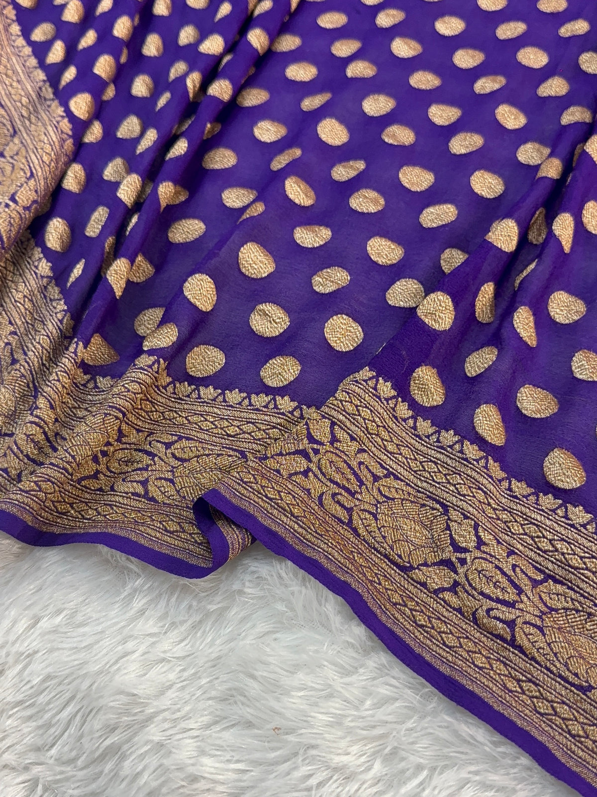 Banarasi Pure Khaddi Chiffon Saree  with Antique Zari Work In Small Circle Motifs Design in Deep Violet Colour