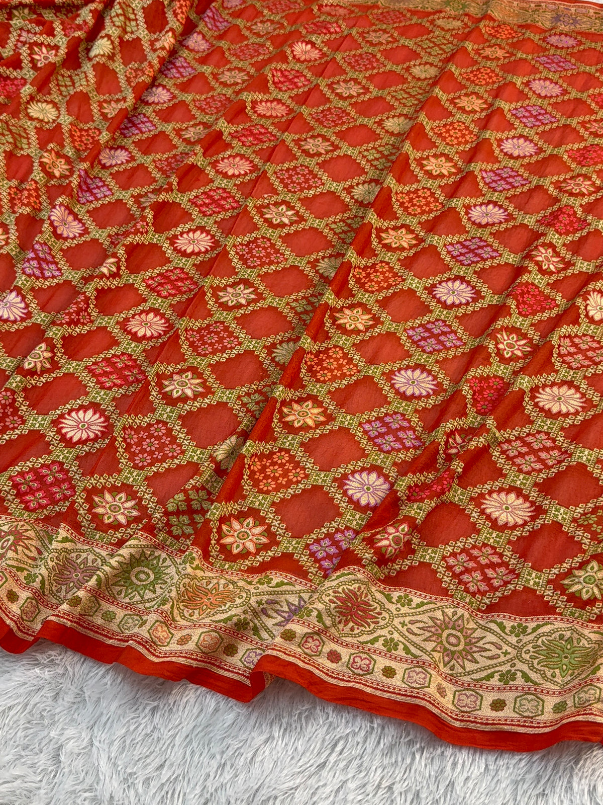 Banarasi Pure Khaddi Chiffon Saree with Meenakari Geometrical Jaal Design in Orange Colour