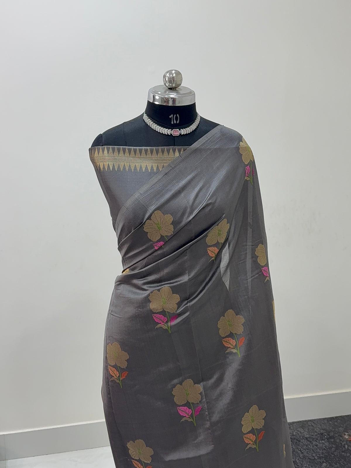 Pure Raw Mango Silk Saree with Meenakari Floral Buta Design in Grey Colour