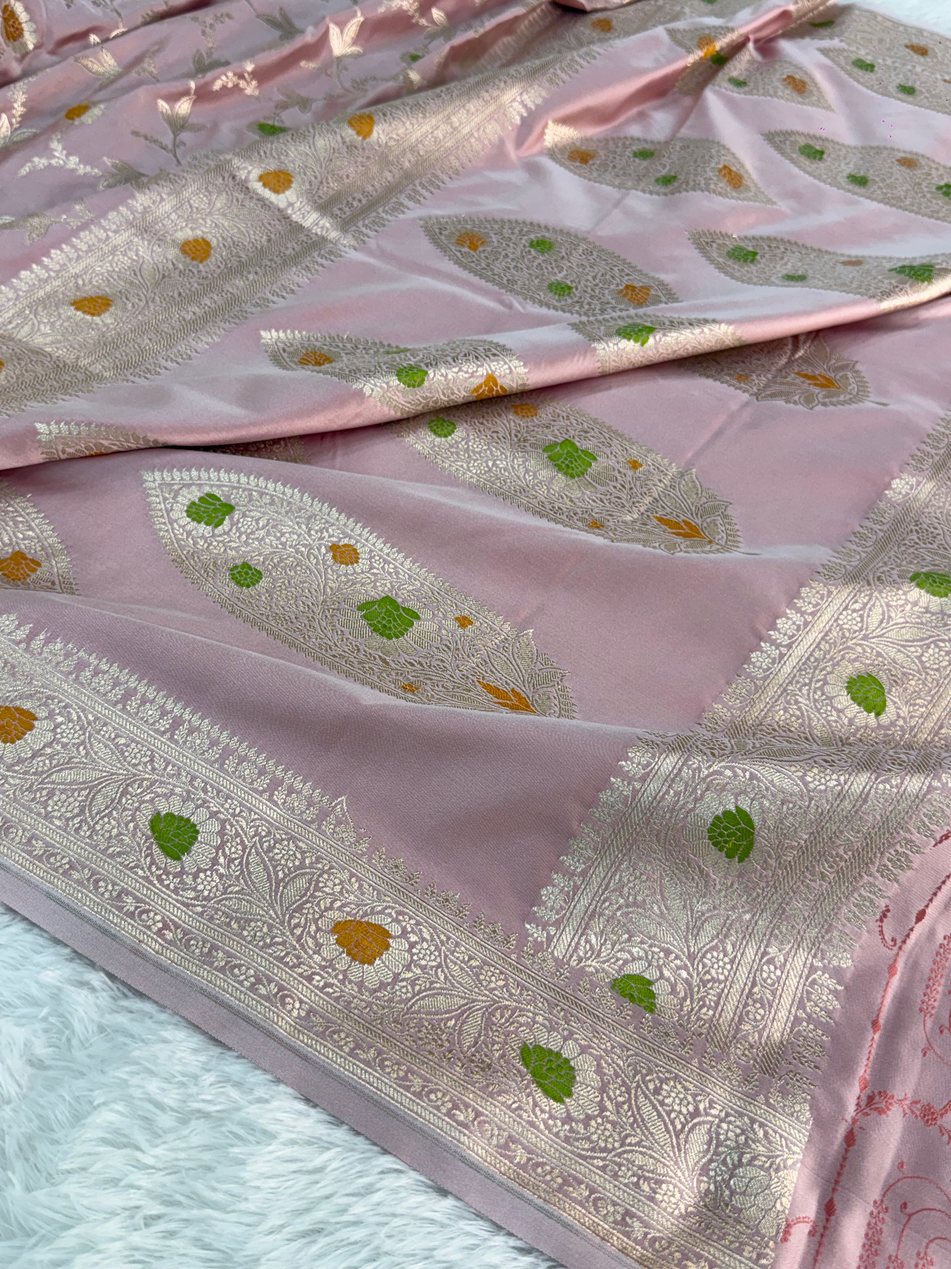 Banarasi Mashru Silk Saree Intricate Meenakari Jaal Design in Light Pink color