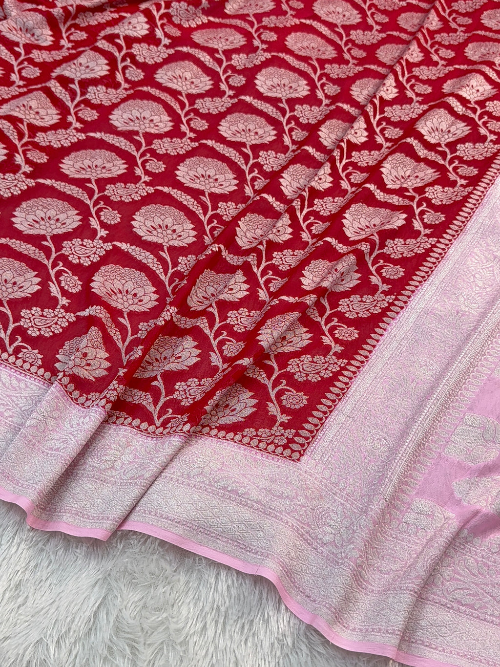 Banarasi Pure Khaddi Chiffon Saree  with Silver Zari Work In Floral Jaal Design in Red and Light Pink Colour Combination