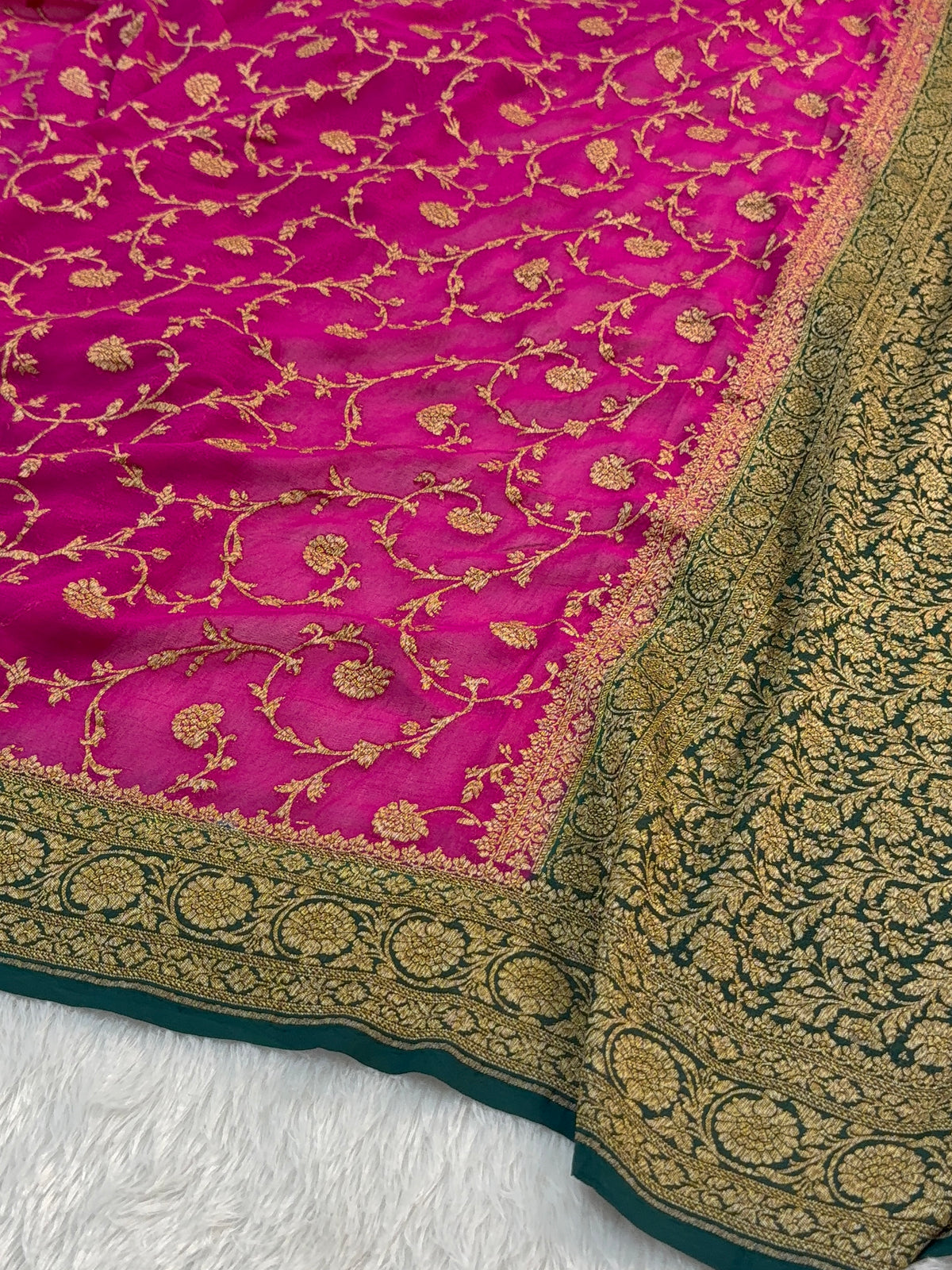 Banarasi Pure Khaddi Chiffon Saree  with Antique Zari Work In Floral Jaal Design in Shot Rani Colour