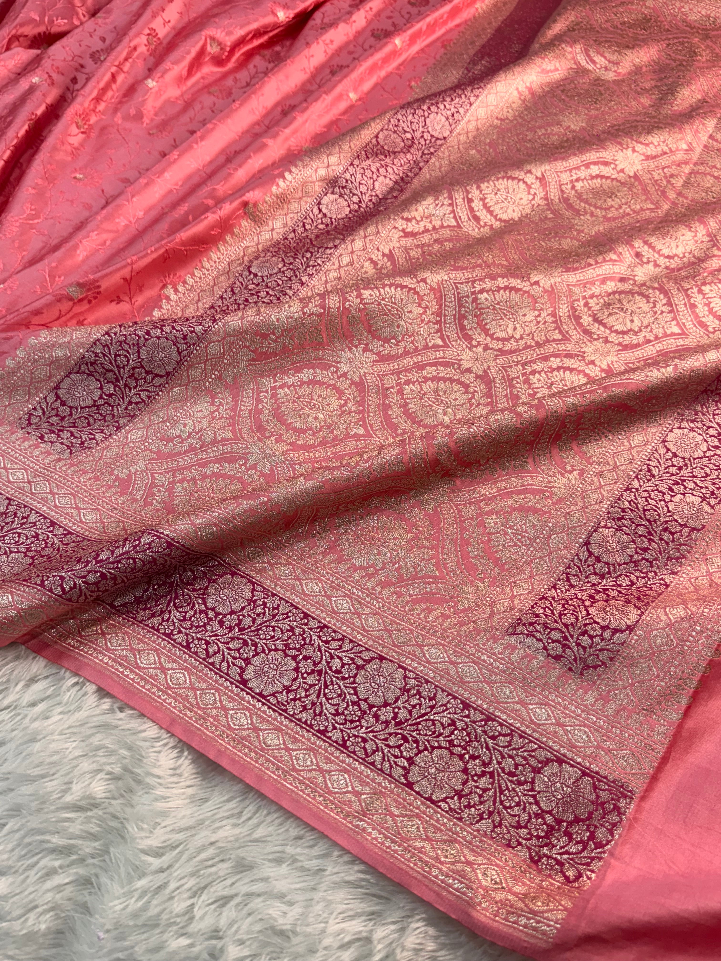 Banarasi Mashru Silk Saree with Tanchoi Weaving in Rusty Rani colour