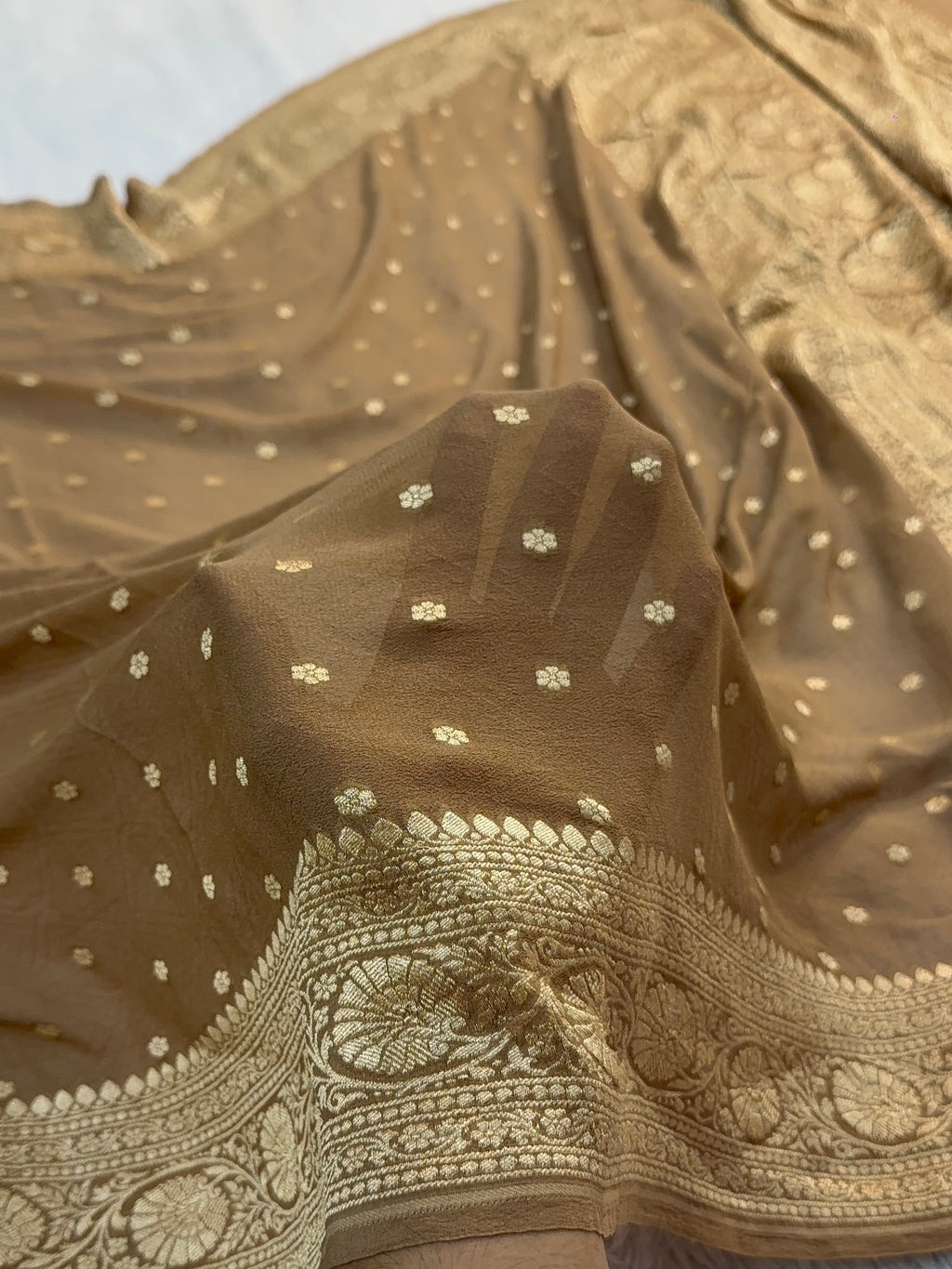 Banarasi Pure Khaddi Chiffon Saree in Border and Buti Design in Camel Brown Colour