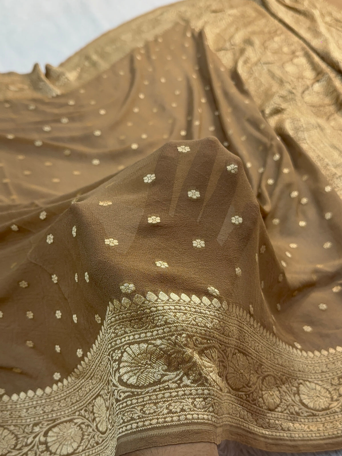 Banarasi Pure Khaddi Chiffon Saree in Border and Buti Design in Camel Brown Colour