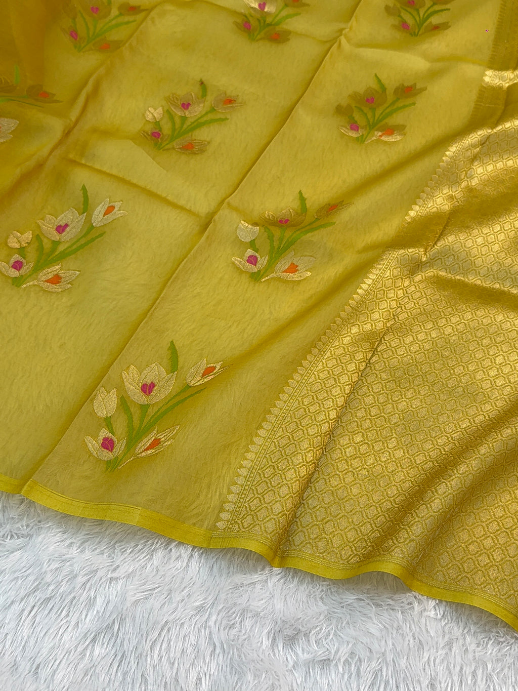 Pure Kora Silk Saree with Gold Zari and Meenakari Floral Motif Design in Yellow Colour